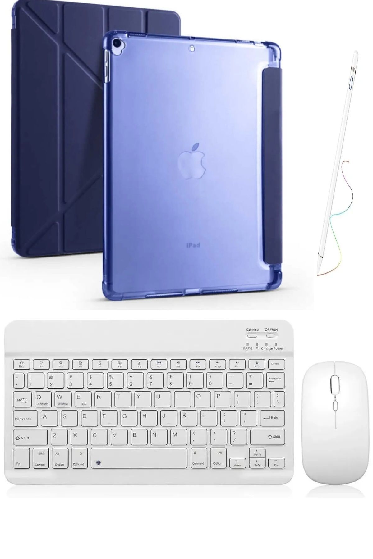 Covpor Apple iPad 7. 8. ve 9. NESİL Uyumlu 10.2 İNÇ Uyumlu Trifolding Kılıf+Klavye Mouse+Kalem LACİVERT
