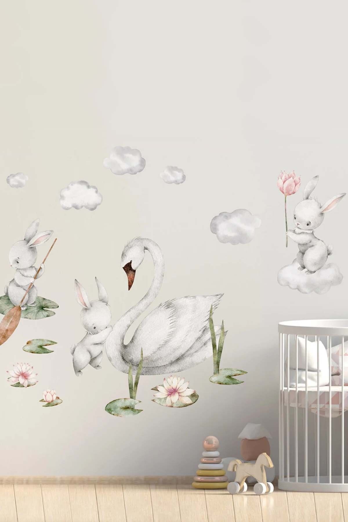 KT Decor Sevimli Bunny Tavşanlar ve Kuğu Çocuk Odası Duvar Sticker Seti
