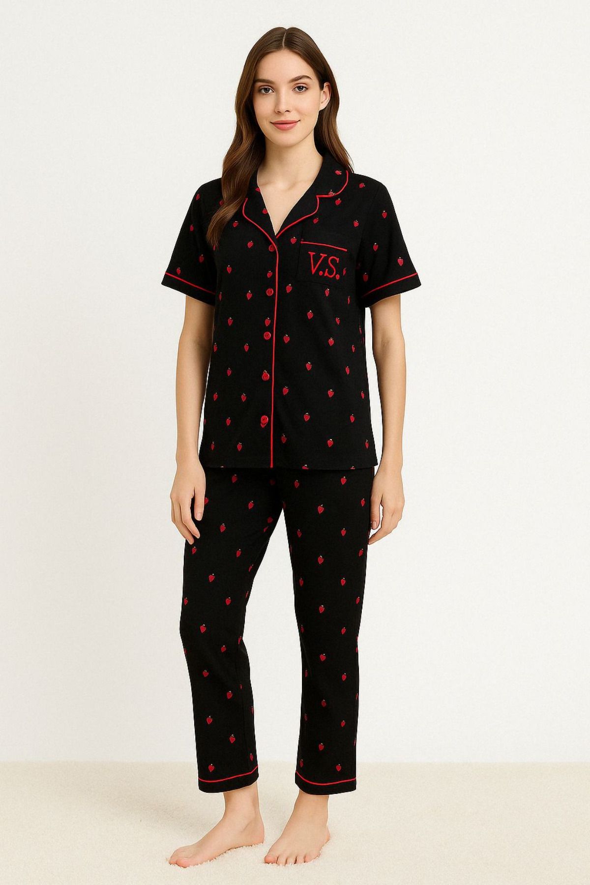 FENZO Kadın Siyah Çilek Desenli Pamuklu Viskon Pijama Takımı Kısa Kollu Üst Uzun Pijama Alt Rahat Homewear