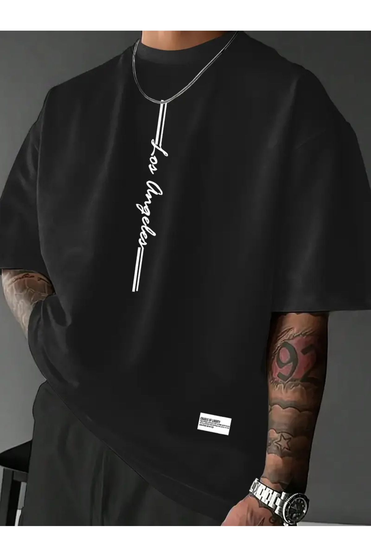 LAND MODA Amerikan Tarzı Kısa Kollu Moda Çizgili T-Shirt, Los Angeles Baskısı ile Hem Erkek