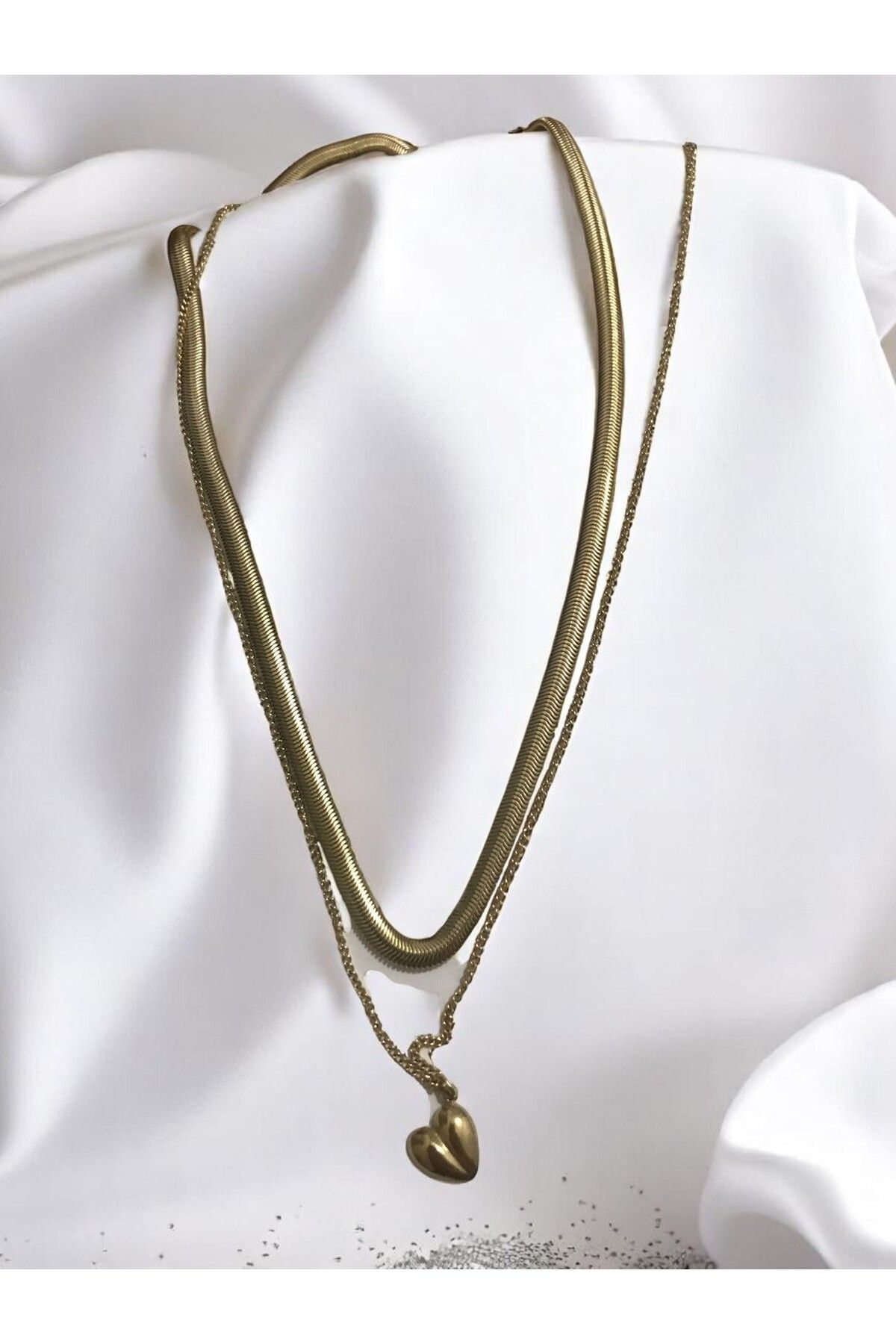 shop 316 L PASLANMAZ ÇELİK GOLD KAPLAMA KALIN ÖRME ZİNCİRLİ KALP DETAYLI İKİLİ KOLYE KARARMAZ