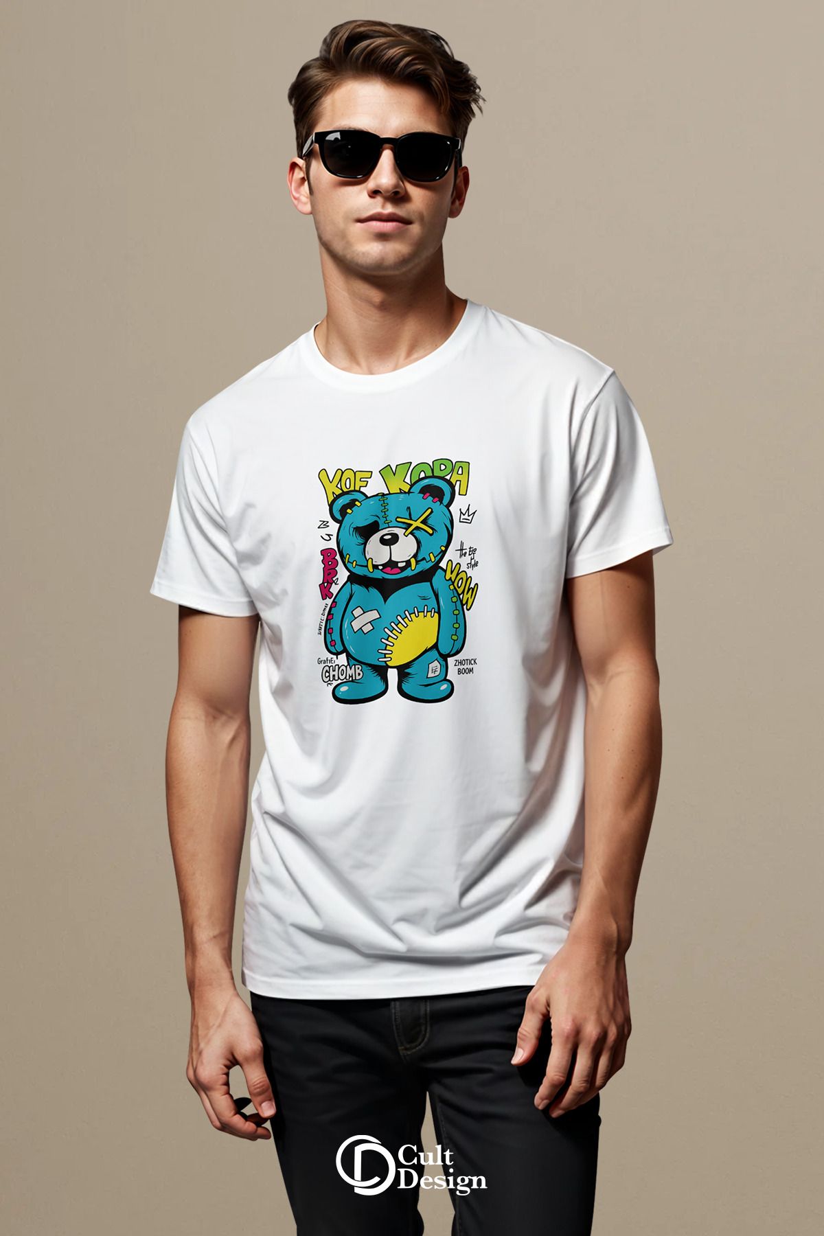 CULTDESİGN RENKLİ KOFKAFA AYICIK DETAYLI UNİSEX Premium Baskılı Basic, Organik Pamuklu, Bisiklet Yaka T-Shirt