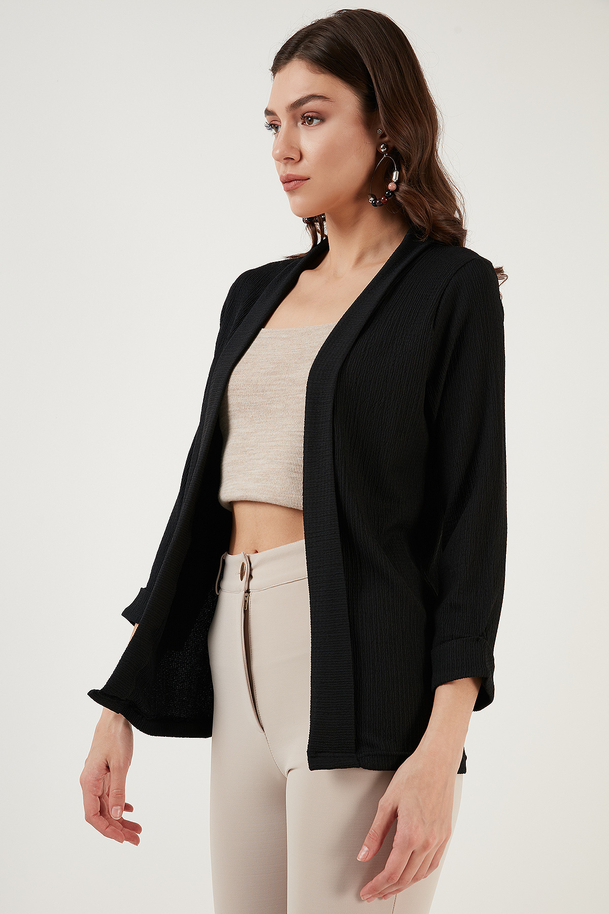 Lela-Seersucker Kimono Cardigan with Folded Collar and Sleeves Cardigan 5869014 3