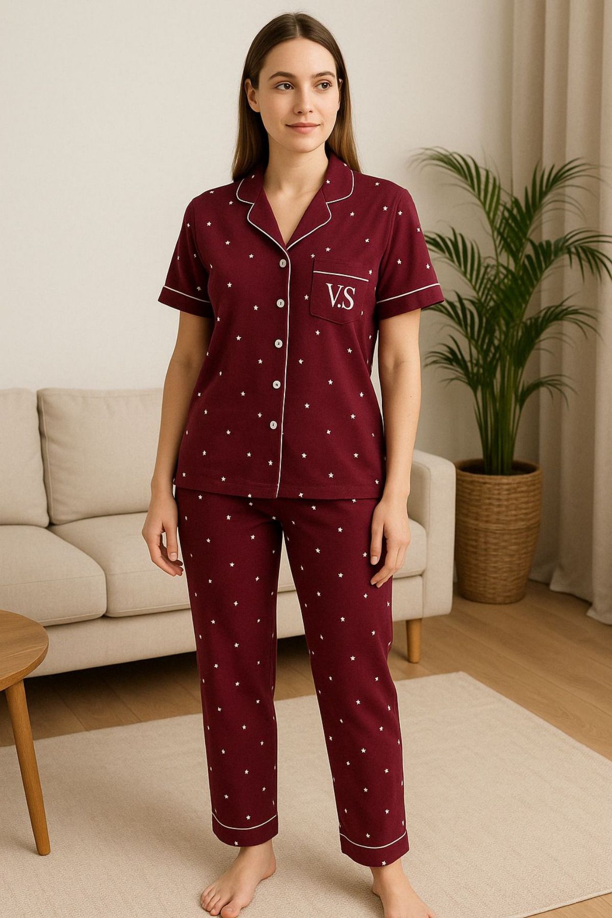 FENZO Kadın Siyah Yıldız Baskılı Pamuklu Viskon Pijama Takımı Kısa Kol Üst Uzun Pijama Alt Rahat Homewear