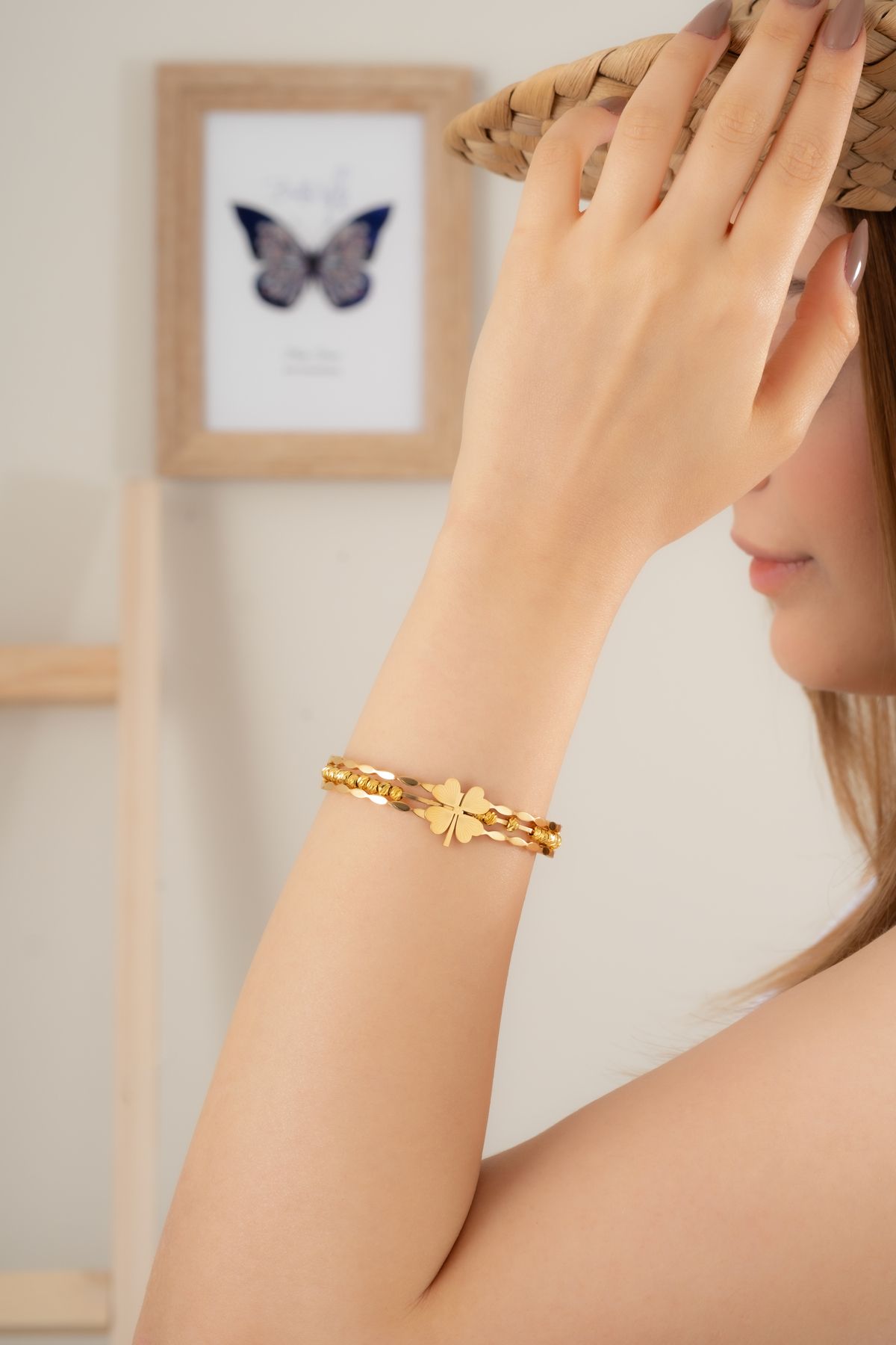 Finesa Jewelry Kadın Altın Sarısı Dört Yapraklı Yonca Motifli Şans Bilekliği