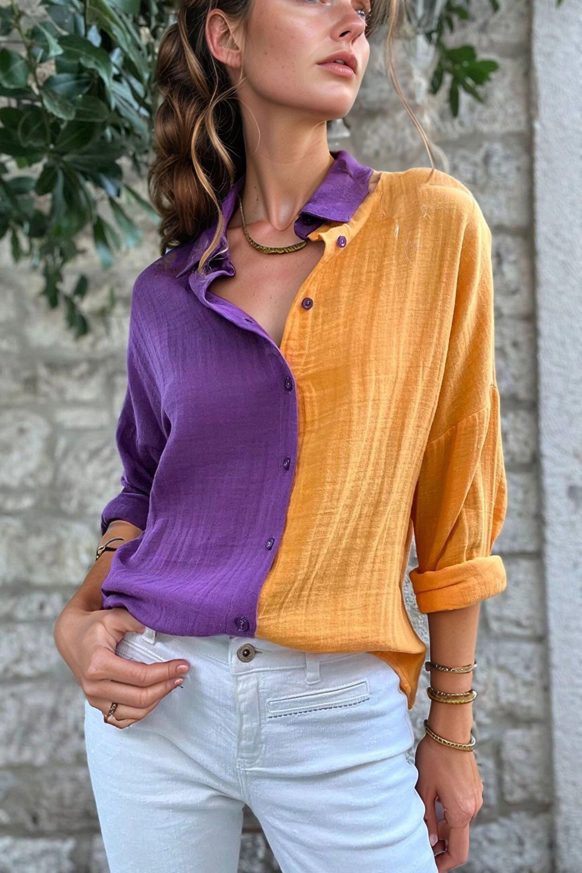 bacc Mor Müslin Color Block Salaş Gömlek BCBSK-25700-3458