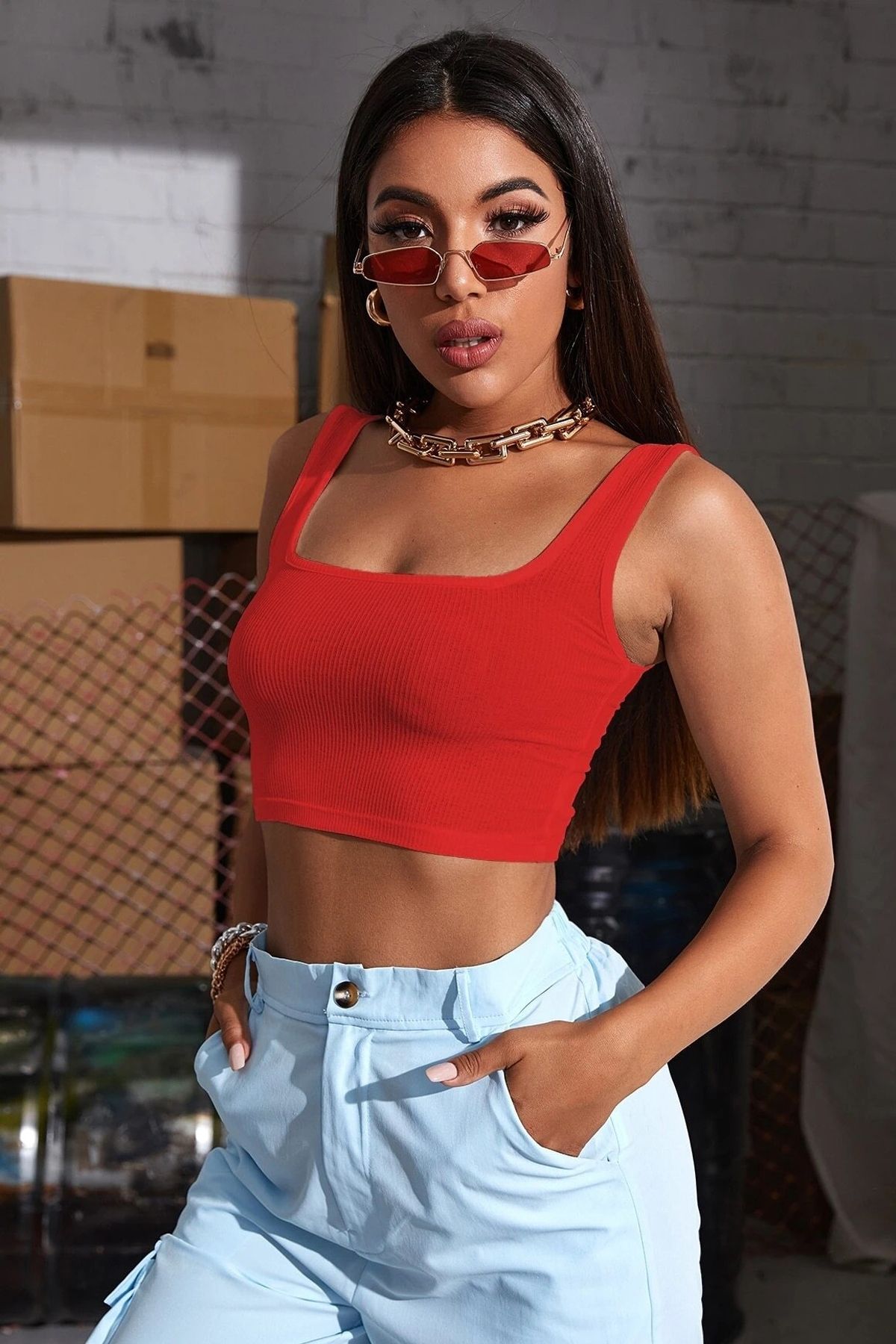 Dilara Boutique Kadın Kırmızı Kalın Askılı Crop Top Büstiyer