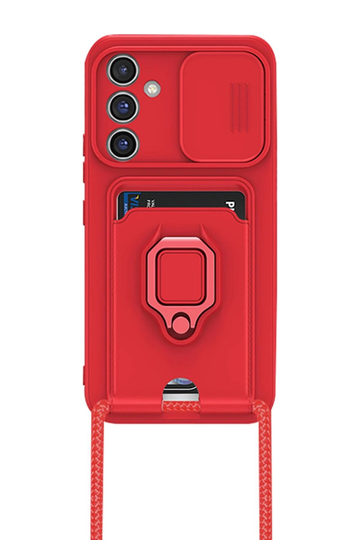cepmoda SAMSUNG GALAXY A36 – Askı İpli Telefon Kılıfı – Kartlık, Stand, Kamera Koruma – KIRMIZI