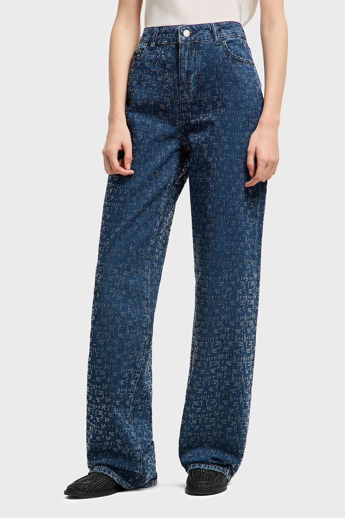Emporio Armani Taşlı Regular Fit Yüksek Bel Geniş Paça Jeans KOT PANTOLON EW001119 AF13298 MB0