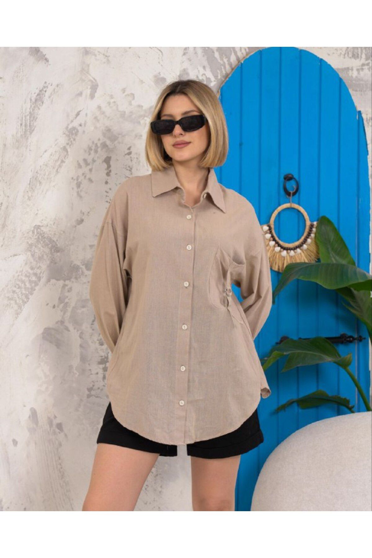 NOYA BUTİK Rahat Fit Keten Gömlek