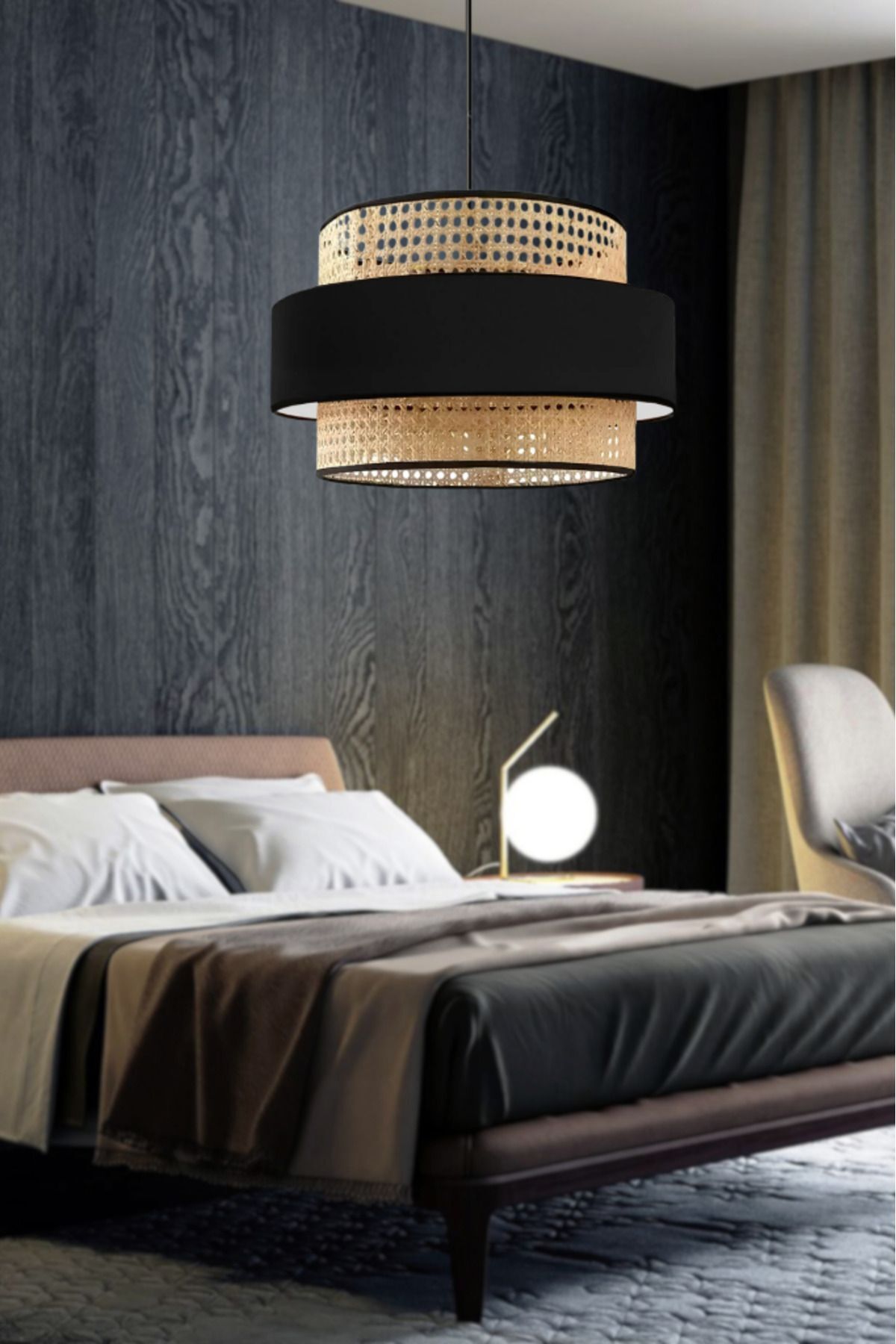 Art&Gift Bohem Triple Metal Kasalı Gerçek Rattan ve Siyah Kumaş Salon Avize Üç Katlı Pasta Yatak Odası Sarkı
