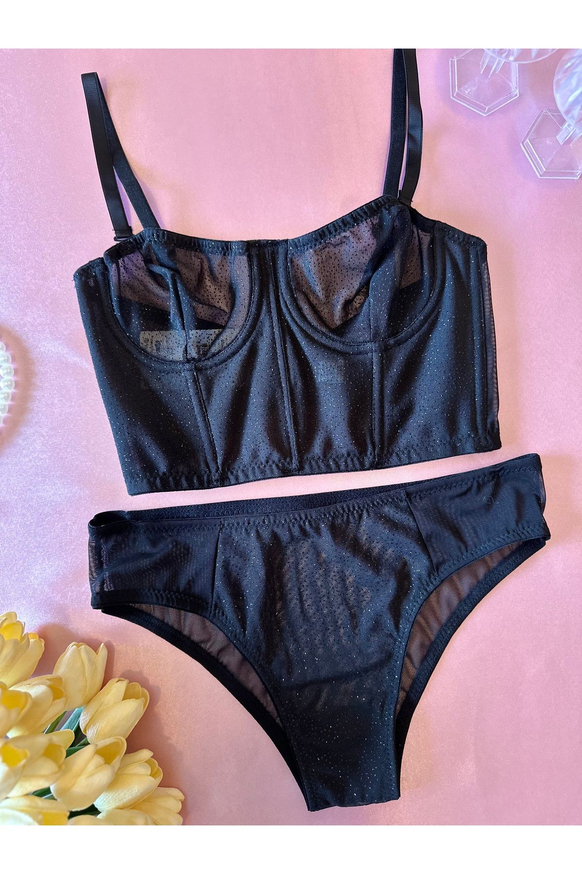 Fashion'S Kapsız Simli Siyah Büstiyer Takımı