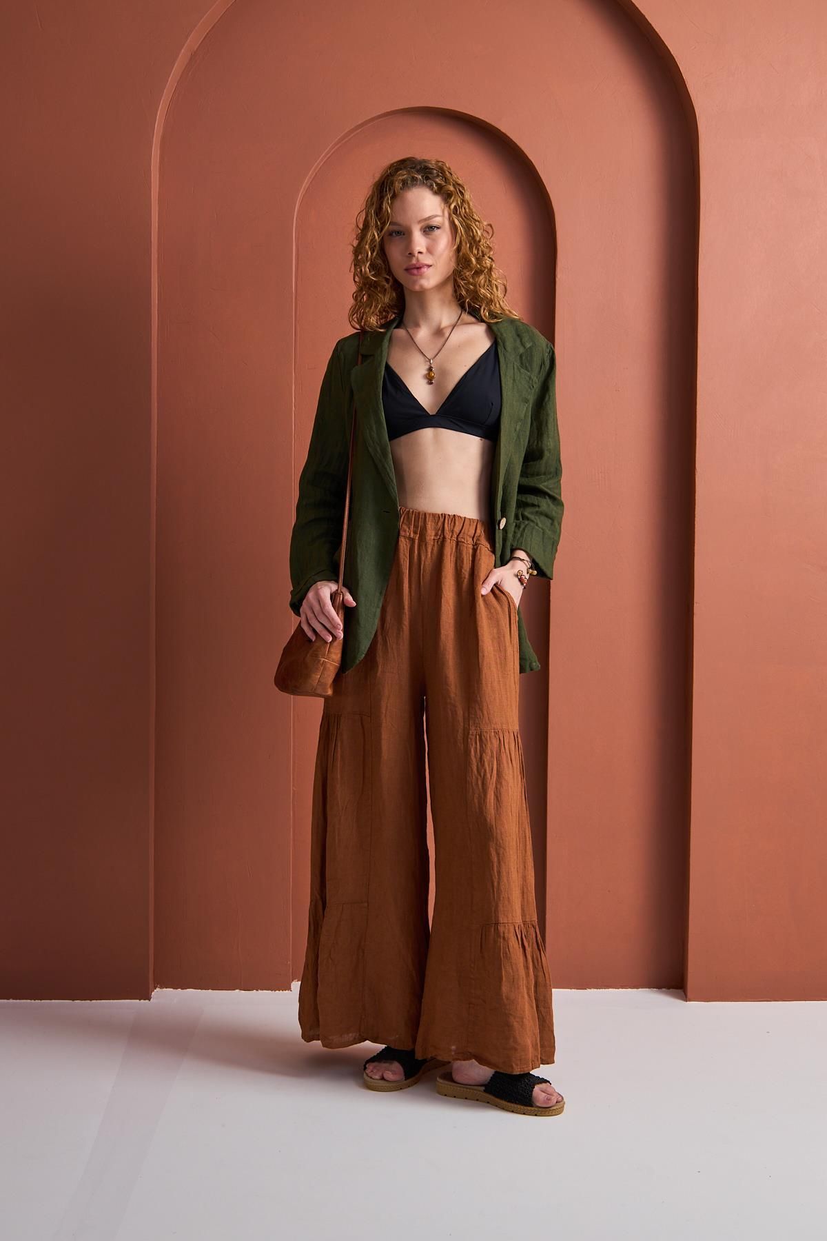 MODA %100 Keten Kat Detaylı Bol Paça Pantolon Kiremit
