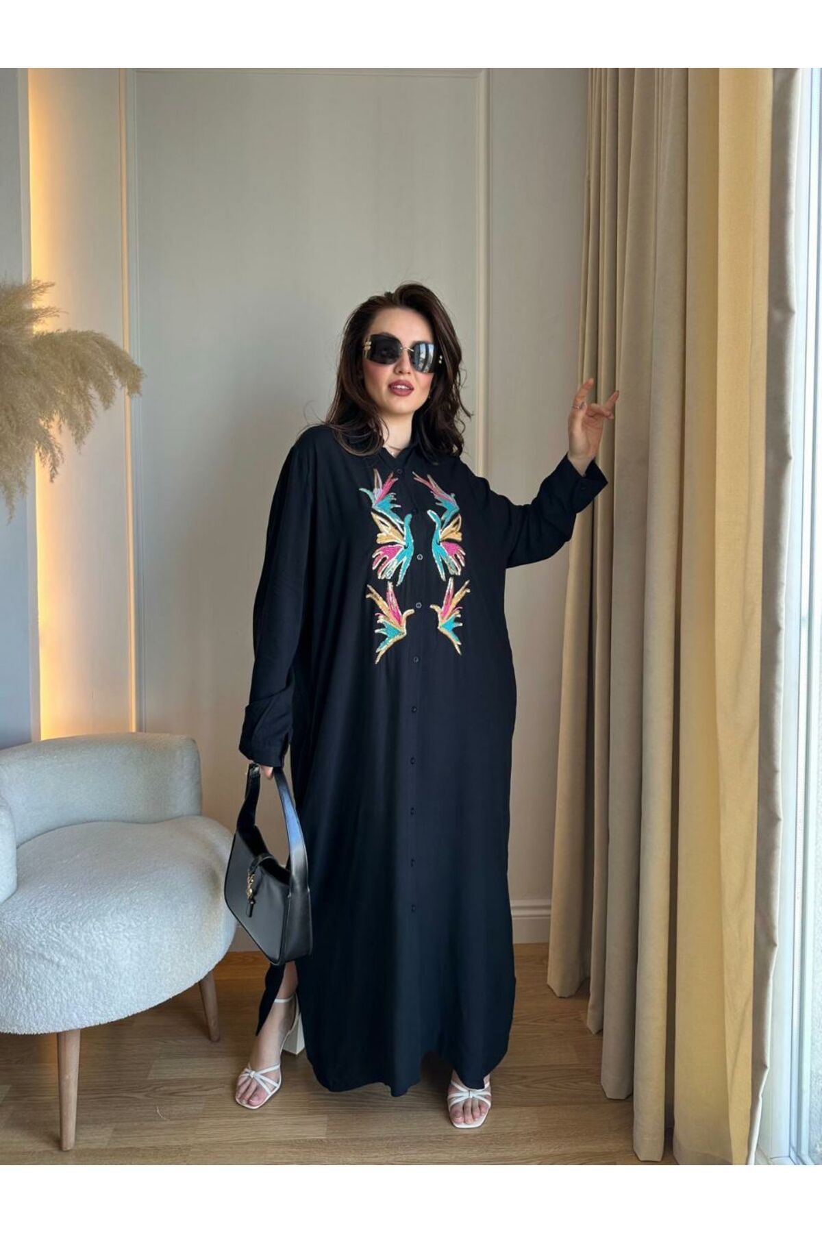 Castivo Fashion Papagan Nakışlı Düğmeli Salaş Gömlek Elbise