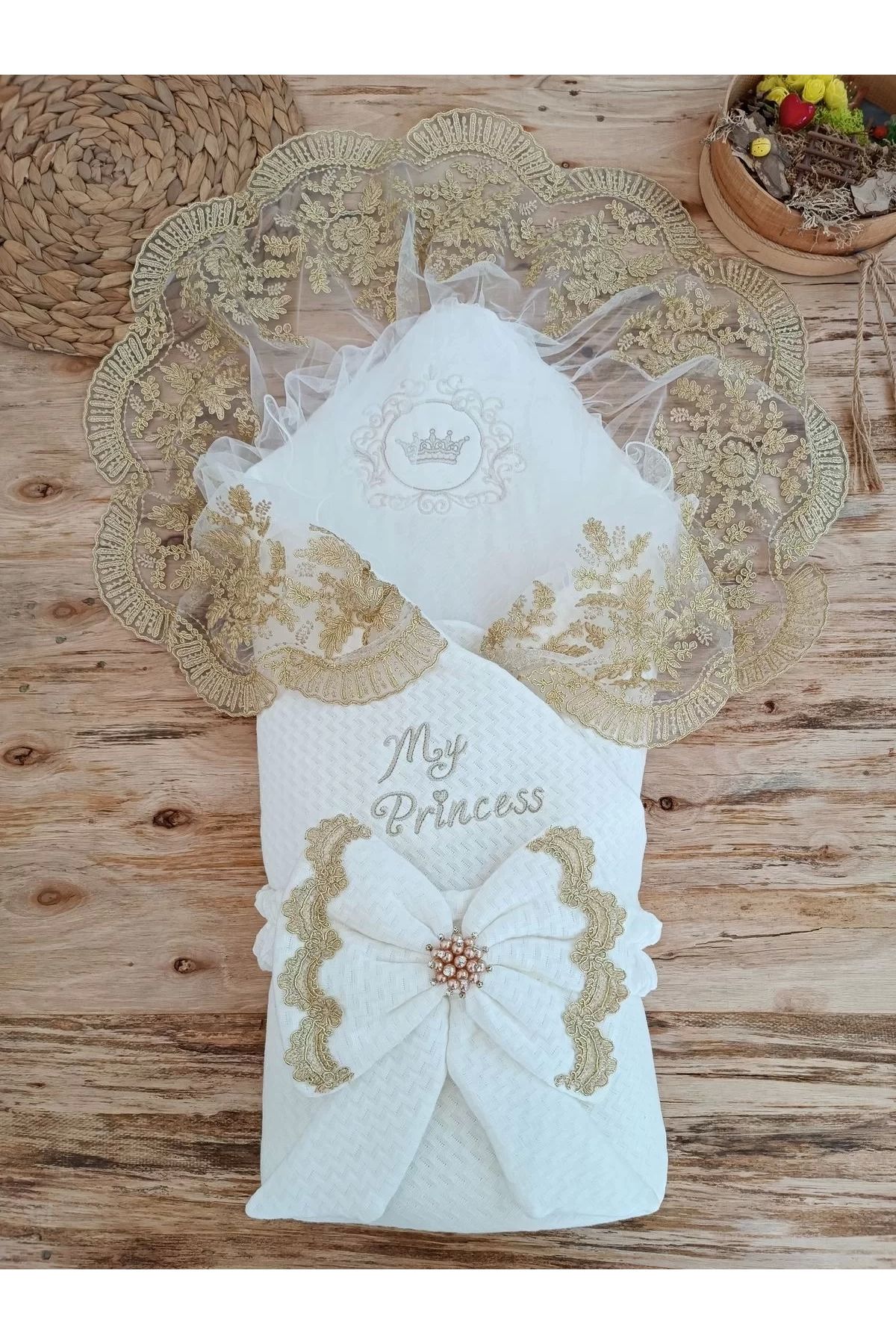 Moda Şahsenem Yenidoğan Pamuk Taç Benim Prensesim Nakışlı Trilüks Kundak Bebek Battaniyesi Ekru