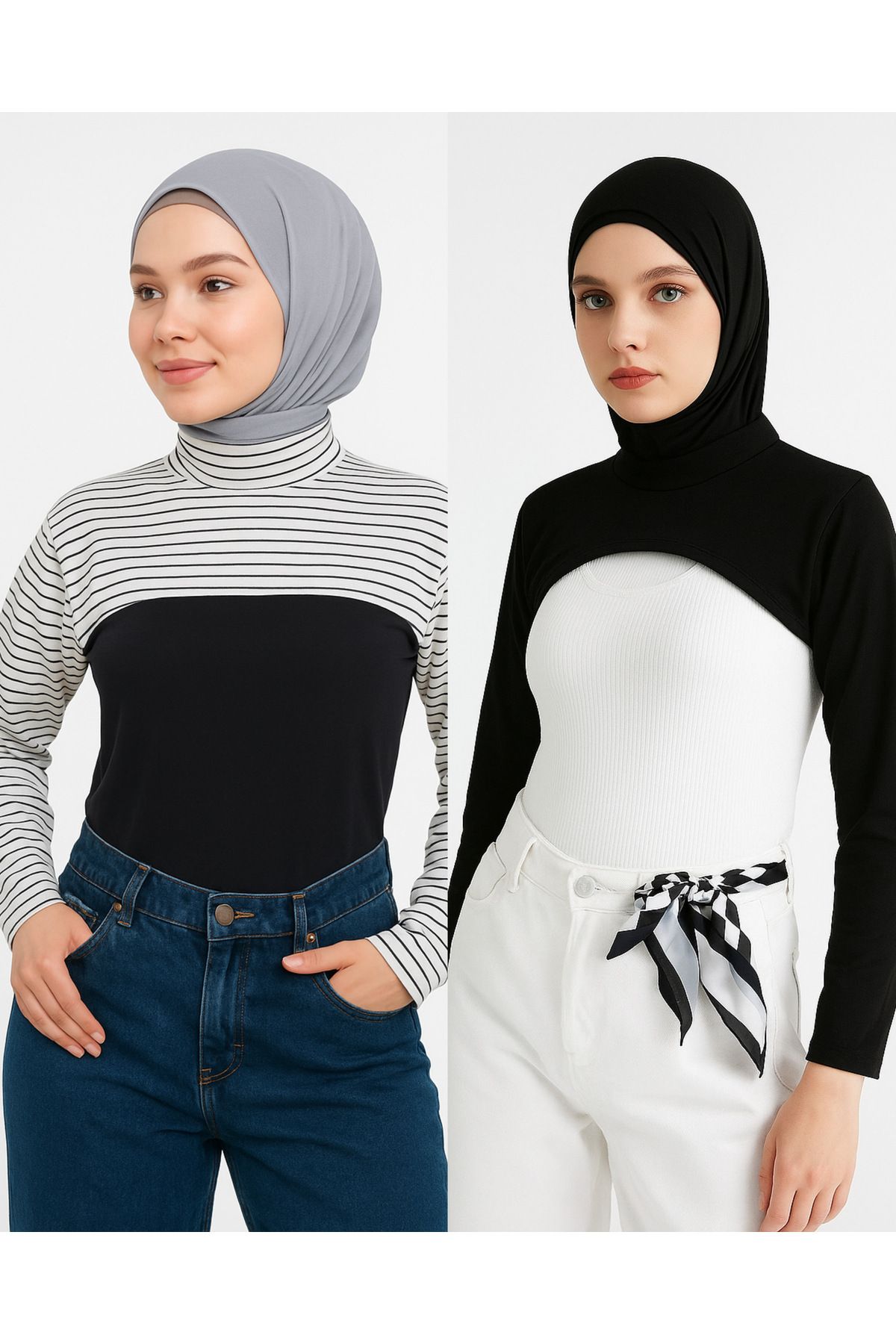 mirach 2’li Set Sade ve Çizgili Boyunluklu Kolluk Siyah Beyaz Body Uzunkollu Penye İçlik Kol
