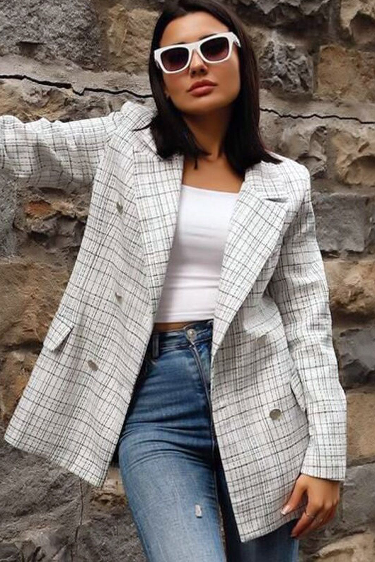 Ottawe Regular Fit Ceket Yakalı Uzun Kollu Çift Cepli Omzu Vatkalı Düğmeli Şanel Kumaş Tarz Casual Ceket