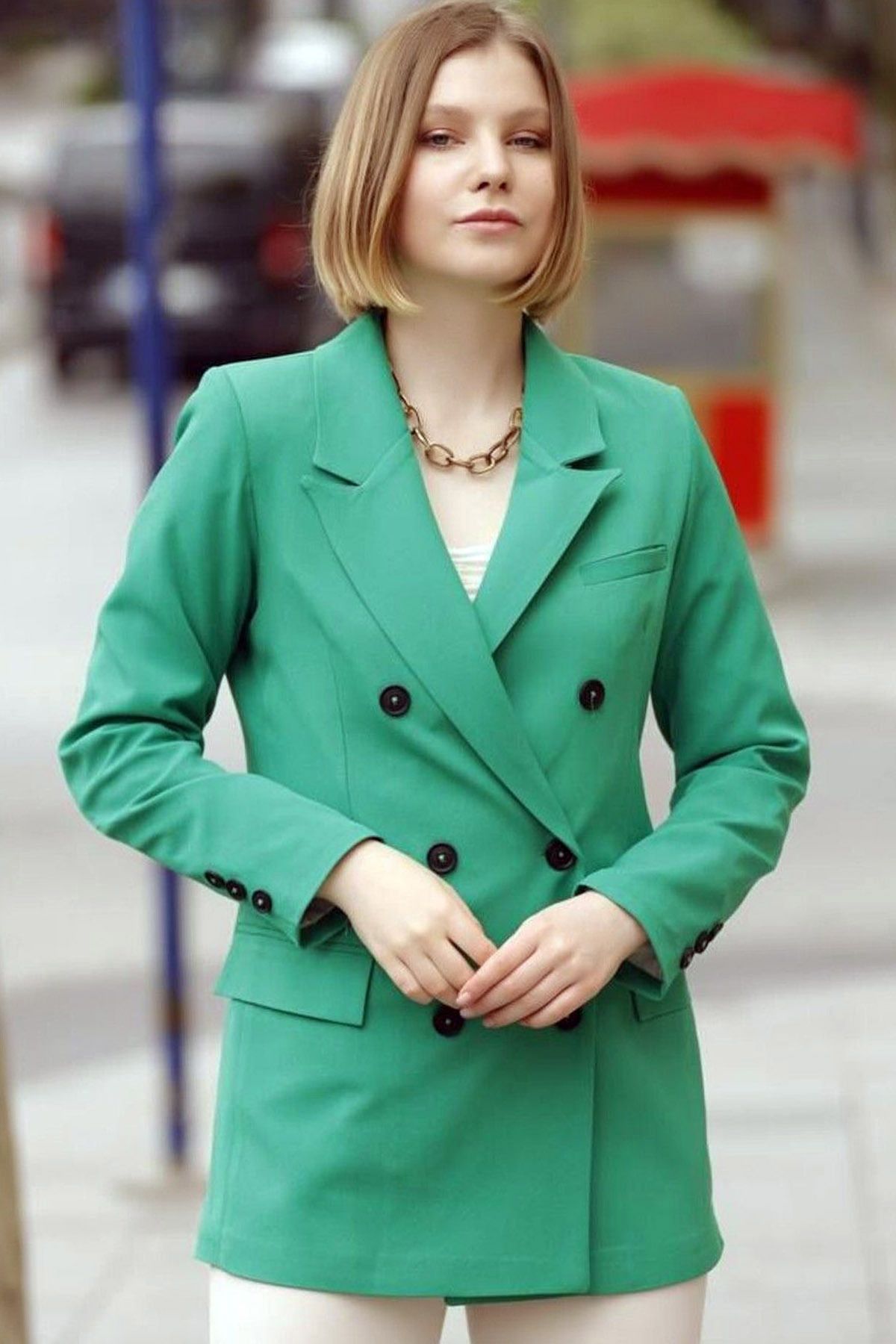 CoolLook Ceket Yakalı 6 Düğme Kapamalı Astarlı Rahat Kesim Uzun Kollu Vatkalı Günlük Blazer Ceket