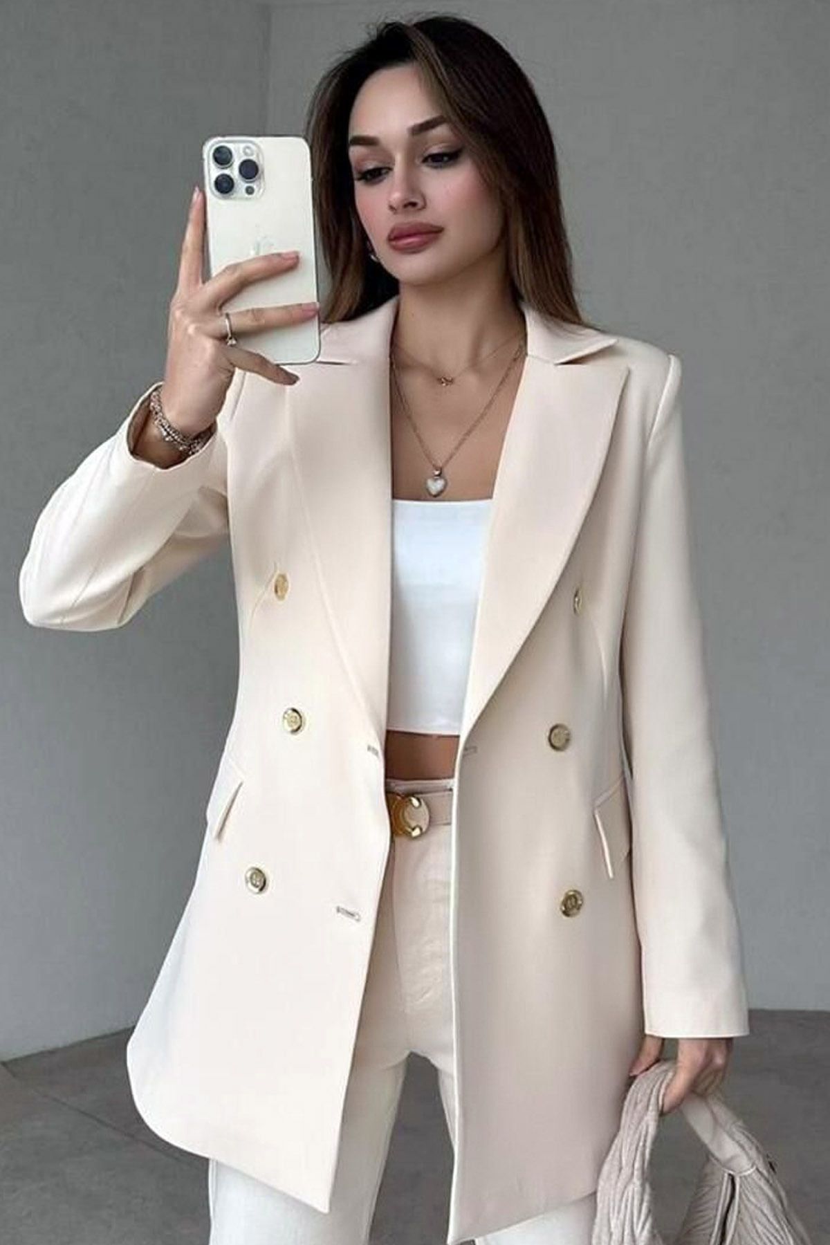 CoolLook Ceket Yaka Atlas Kumaş 6 Düğme Kapama Bel Oturmalı Uzun Kol Cepli Vatkalı Astarlı Blazer Ceket
