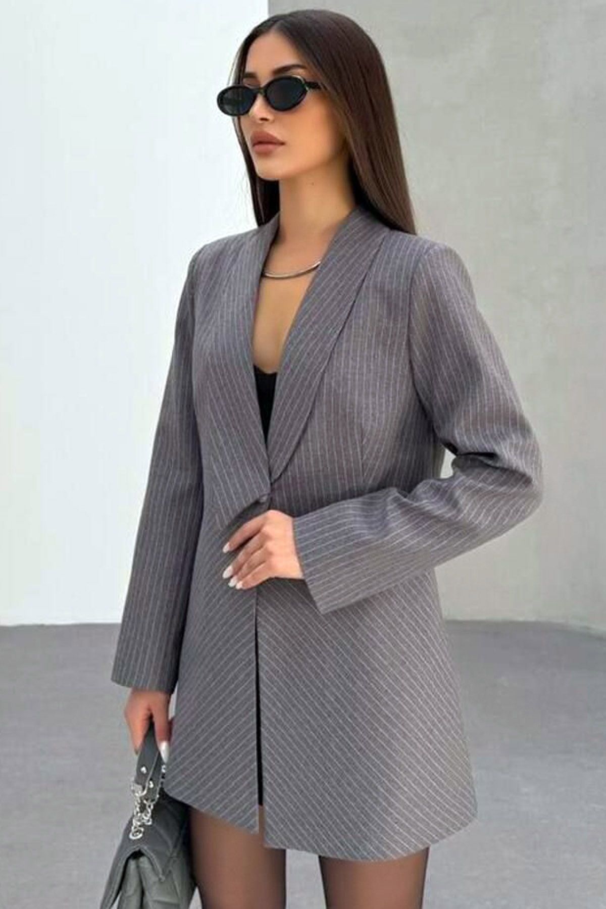 Ottawe Regular Fit Bel Oturtma Düğme Kapama Uzun Kol Cizgili Şal Yaka Vatka ve Astarlı Günlük Blazer Ceket