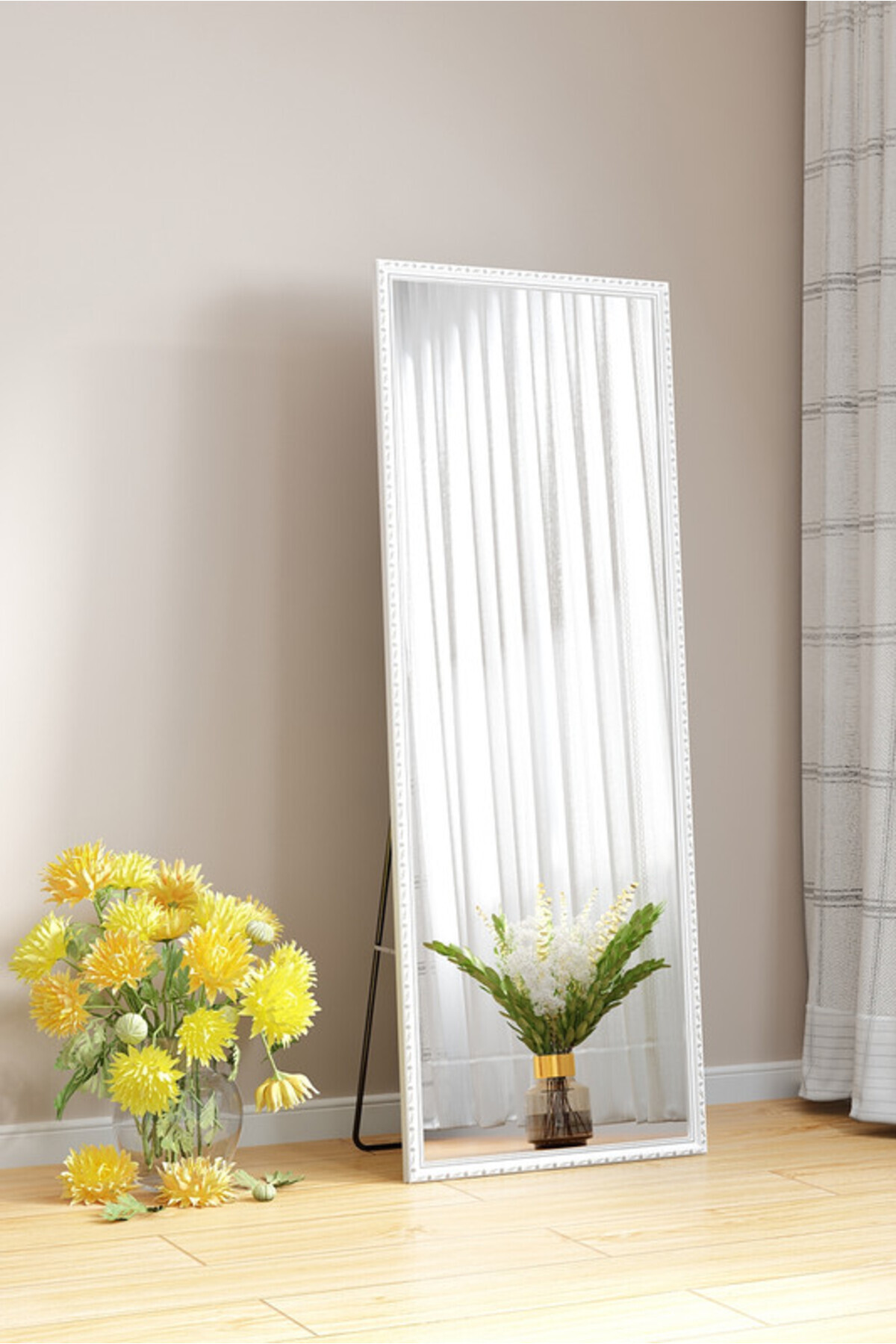 مرآة أرضية معدنية كاملة الطول بتصميم خشبي 160 × 50 سم، لون أبيض/فضي