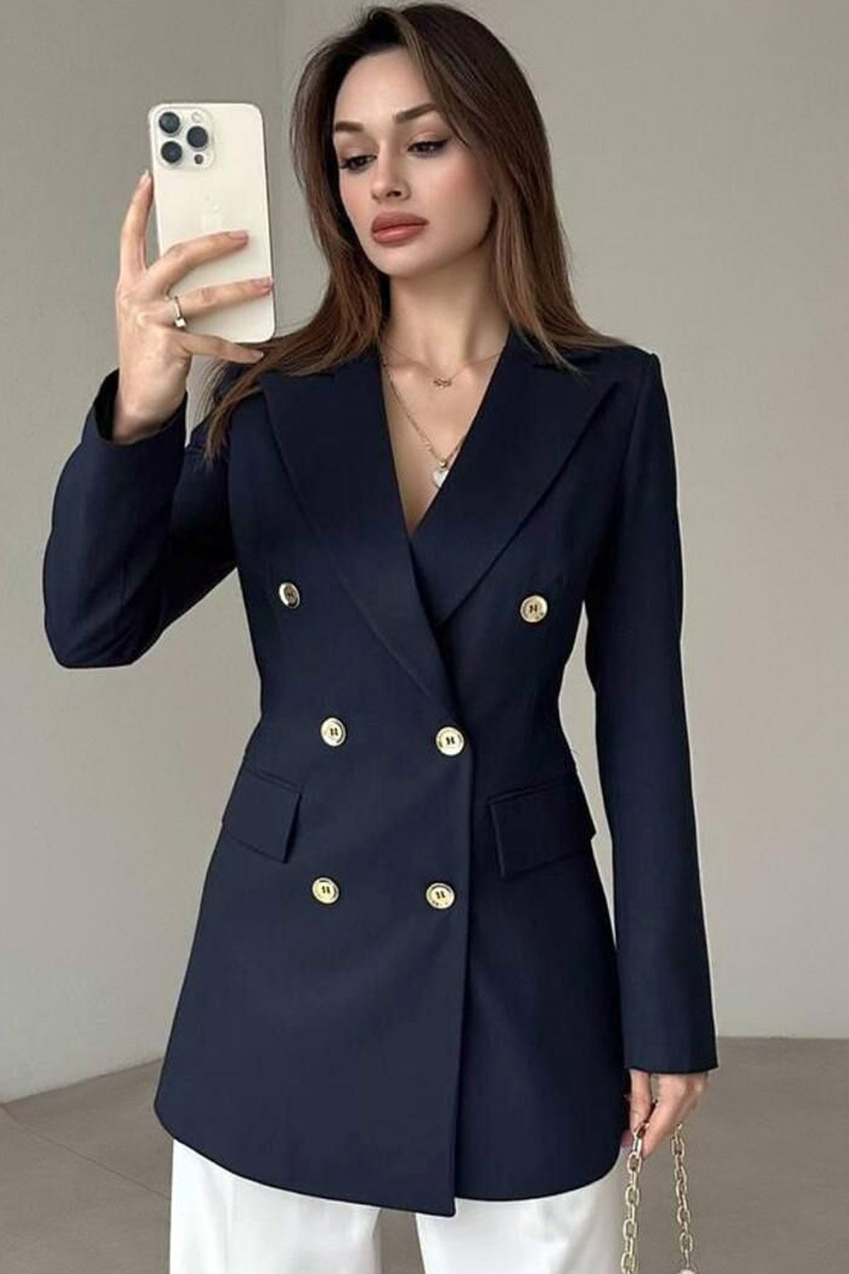 Ottawe Regular Fit Bel Oturtma Uzun Kol Cepli Düğme Detay Astarlı Vatkalı Çentikli Yaka Blazer Casual Ceket