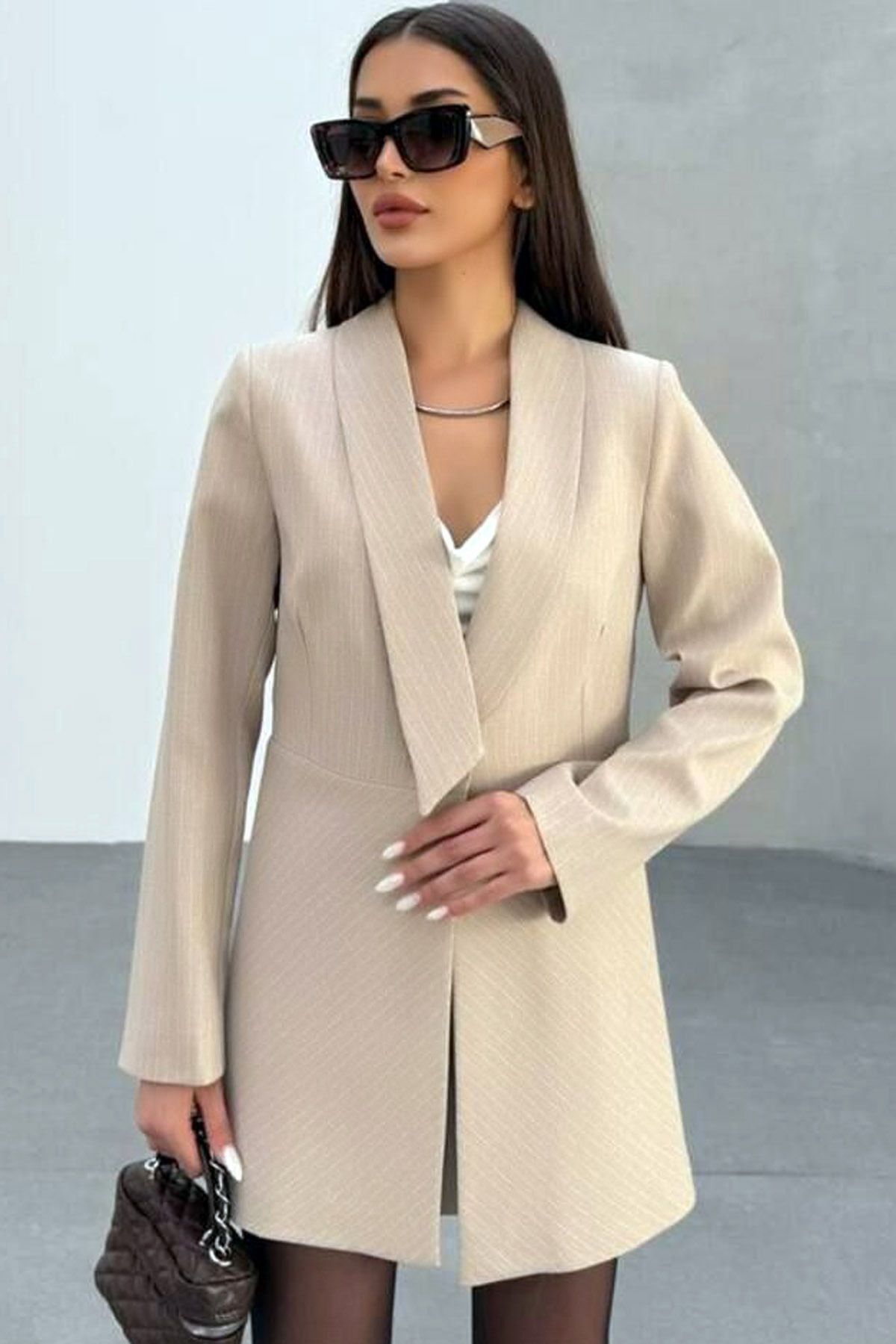 Ottawe Regular Fit Bel Oturtma Düğme Kapama Uzun Kol Cizgili Şal Yaka Vatka ve Astarlı Günlük Blazer Ceket