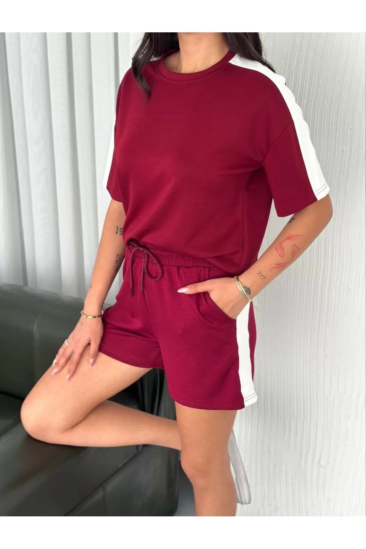 DİAWAYS Osy Modal yumuşak dokulu Kumaş Kadın Parçalı Bisiklet Yaka T-shirt Kısa Şort İkili Takım - Bordo