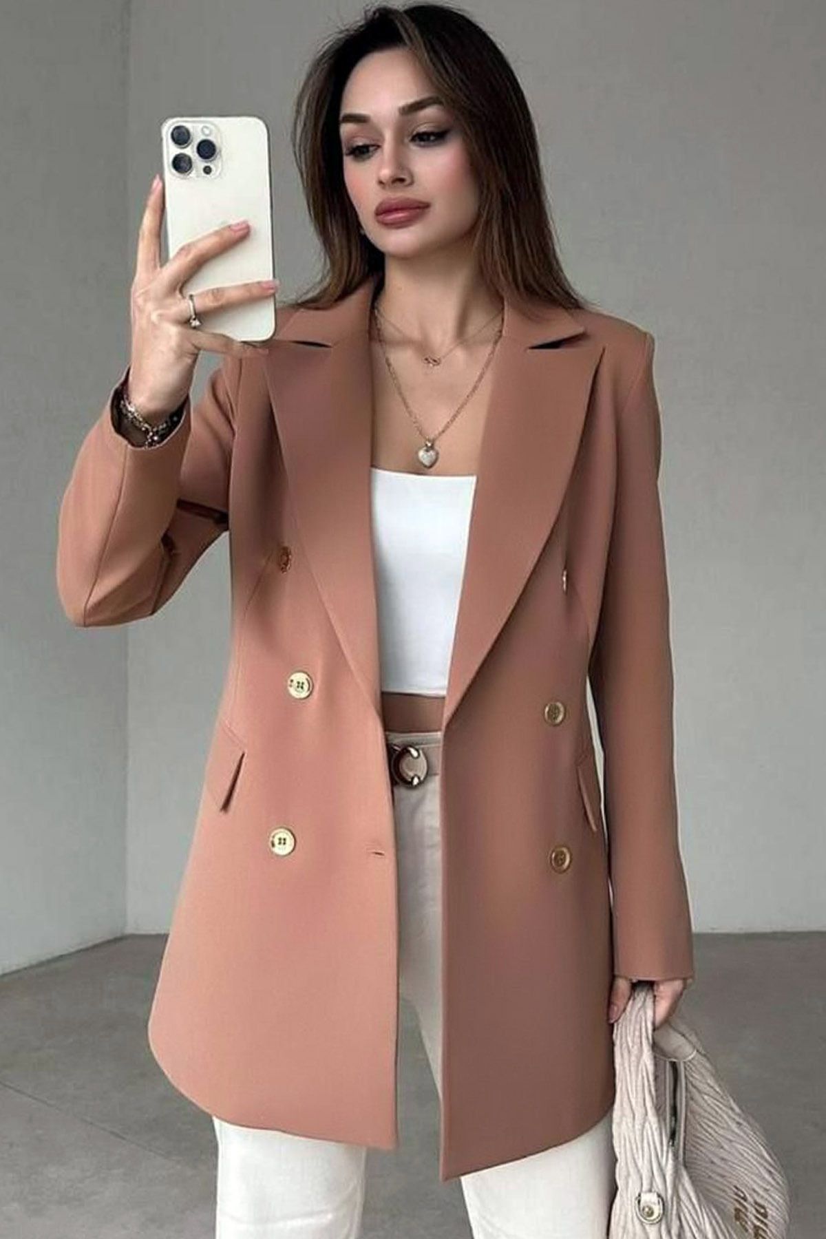 Ottawe Regular Fit Bel Oturtma Uzun Kol Cepli Düğme Detay Astarlı Vatkalı Çentikli Yaka Blazer Casual Ceket