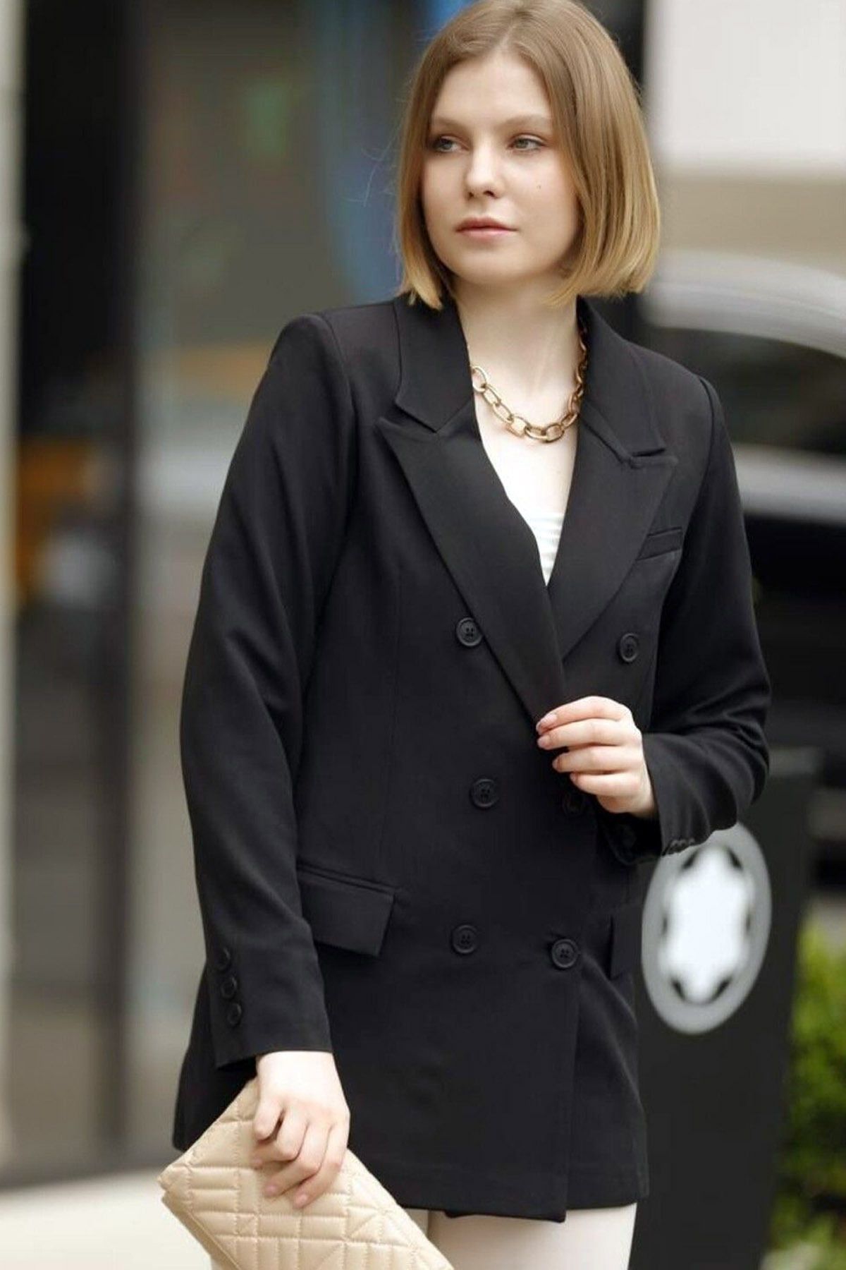 CoolLook Ceket Yakalı 6 Düğme Kapamalı Astarlı Rahat Kesim Uzun Kollu Vatkalı Günlük Blazer Ceket