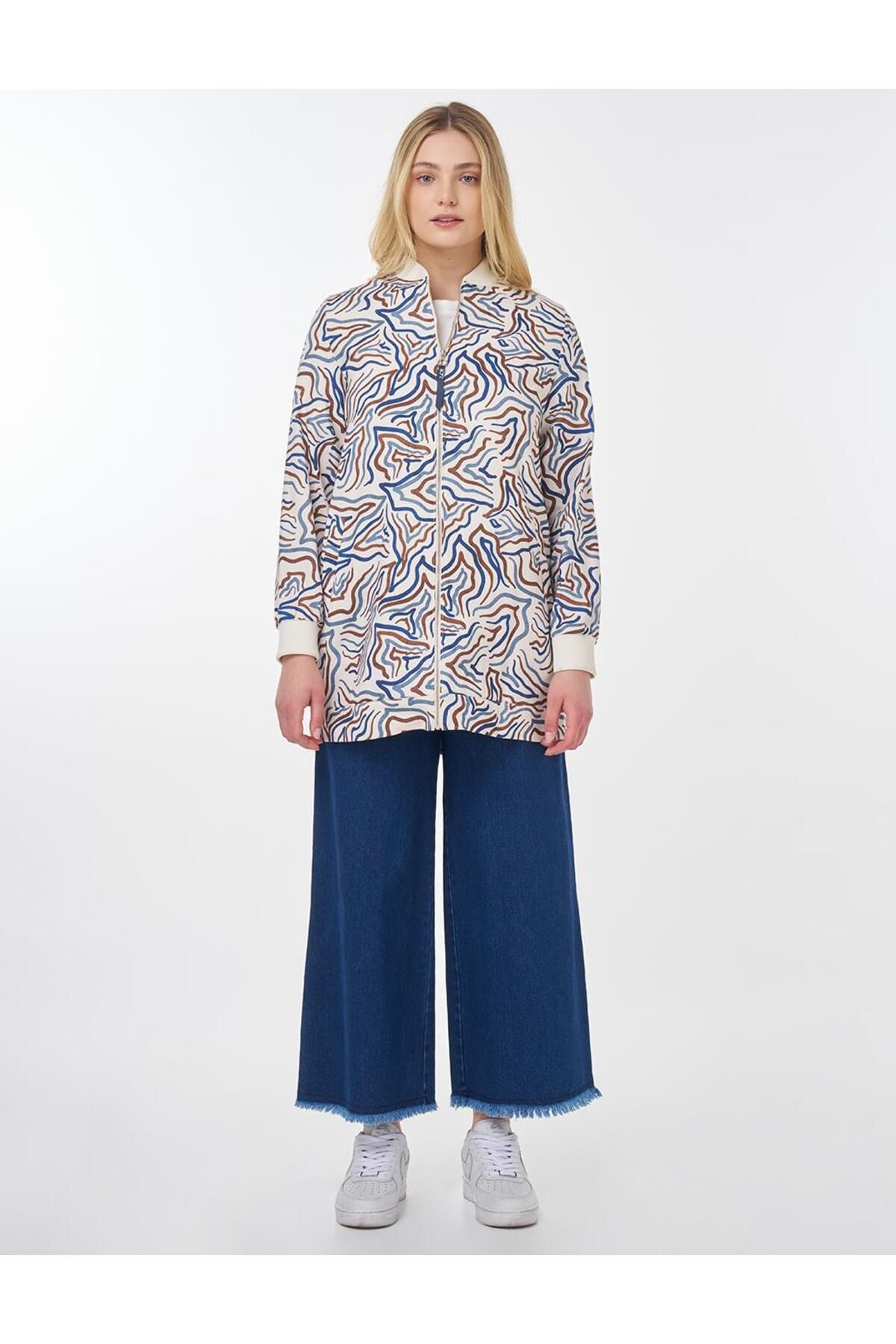 Kayra-Abstract Pattern College Collar Jacket Ecru 3