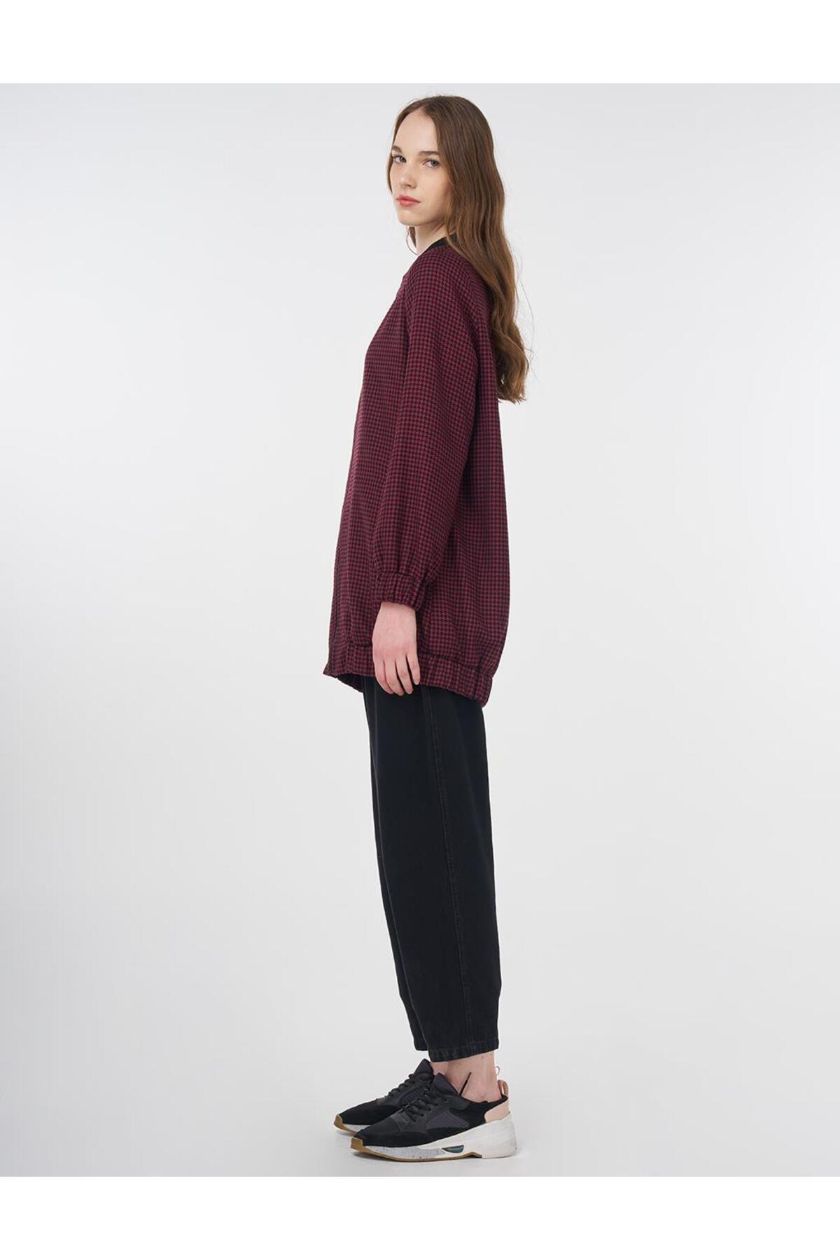 KYR-Houndstooth Pattern Basic Jacket Black-Claret Red 3