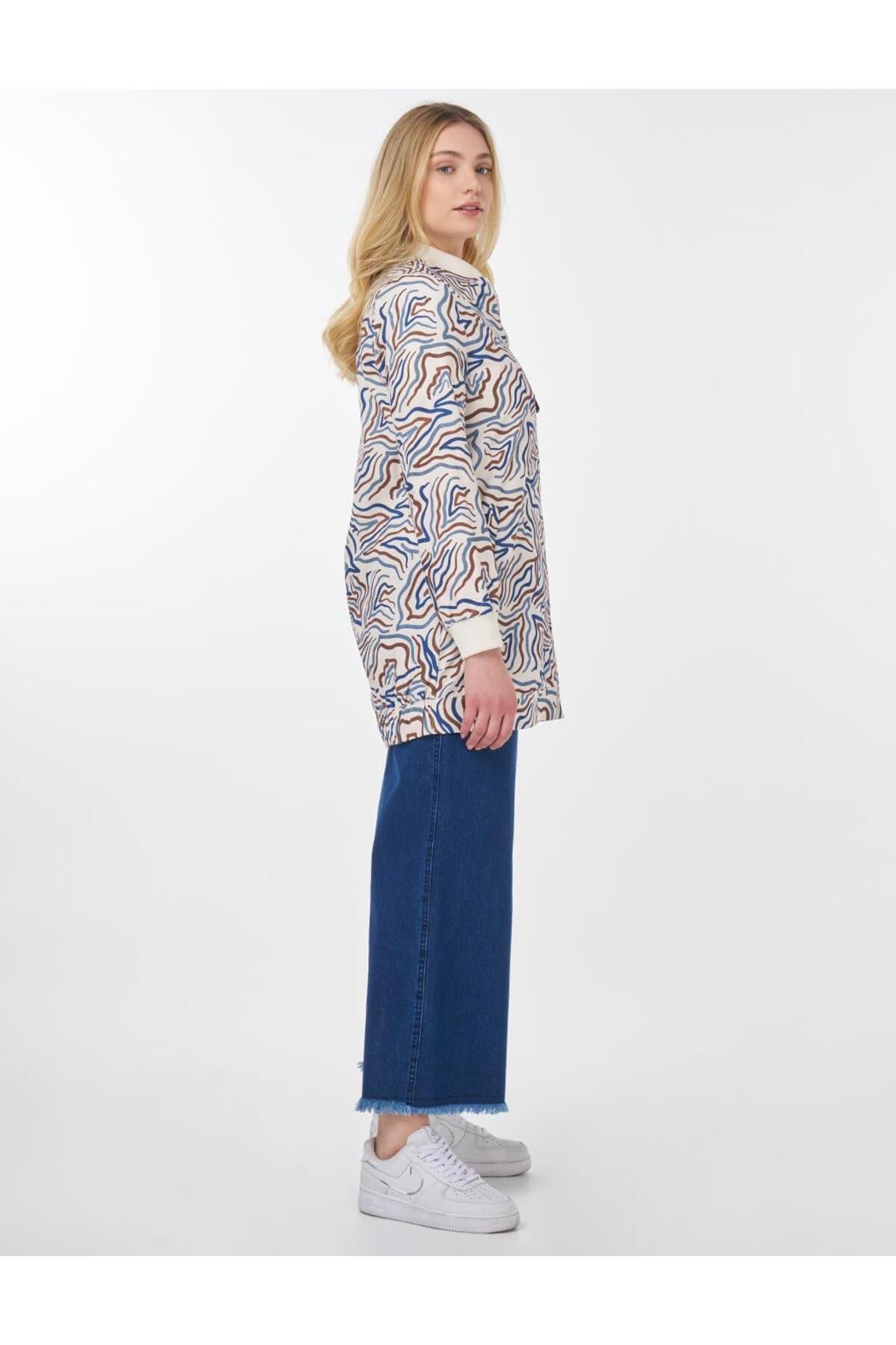 Kayra-Abstract Pattern College Collar Jacket Ecru 6