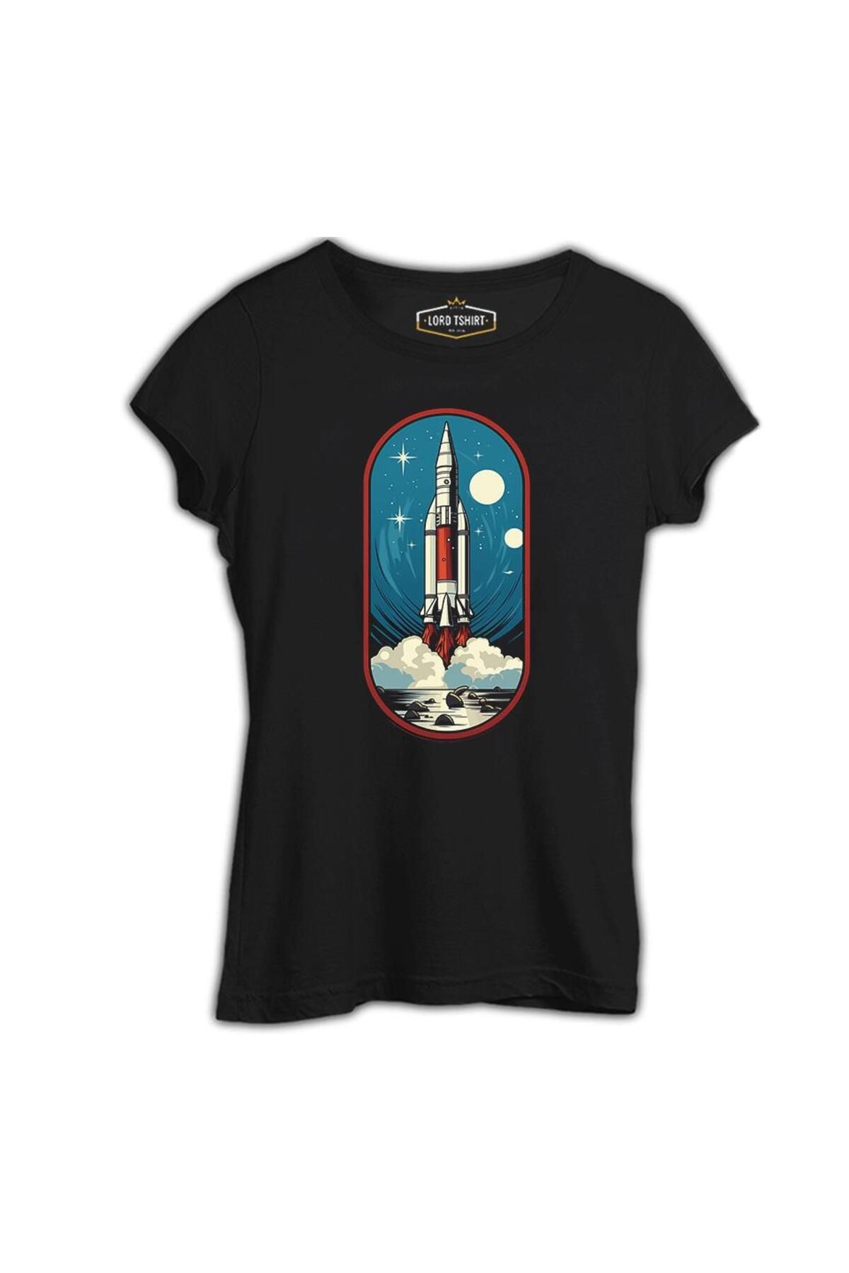 Lord T-Shirt Uzaya Seyahat Roket Kalkış Baskılı Siyah Tshirt