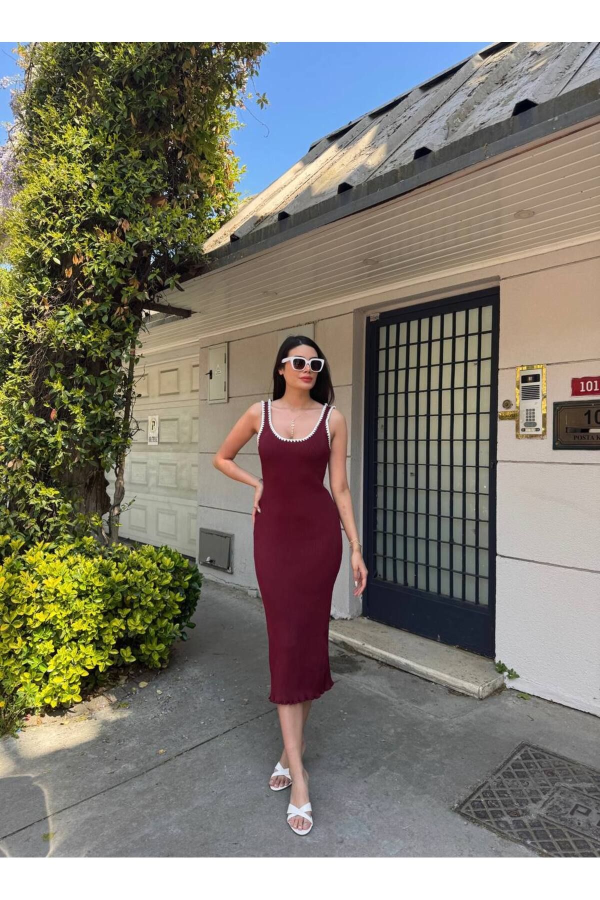 Abalı Yeni Model--yumuşak triko, Kare yaka Kalem Elbise
