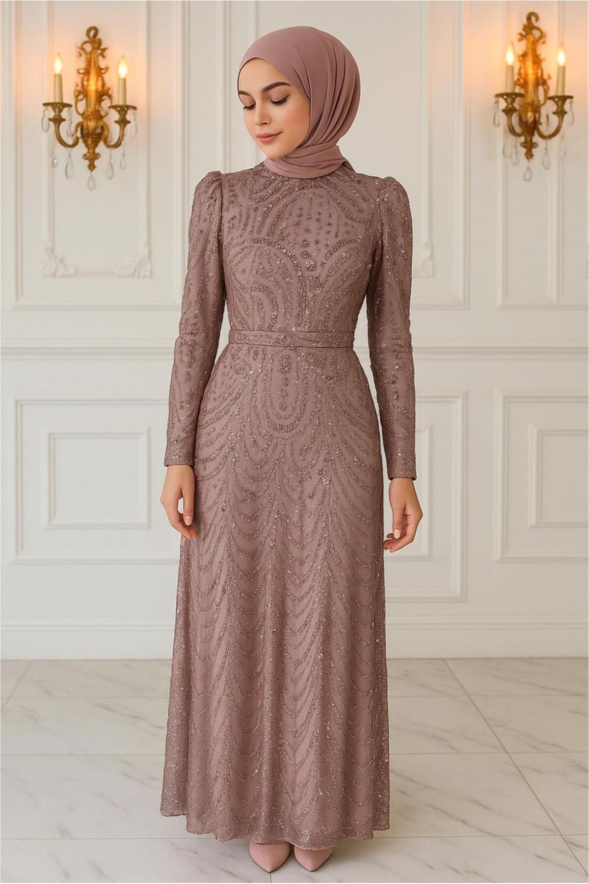 TRENDTESETTÜR KADIN PEMBE (GÜLKURUSU) BONCUK İŞLEMELİ ABİYE ELBİSE T 4163