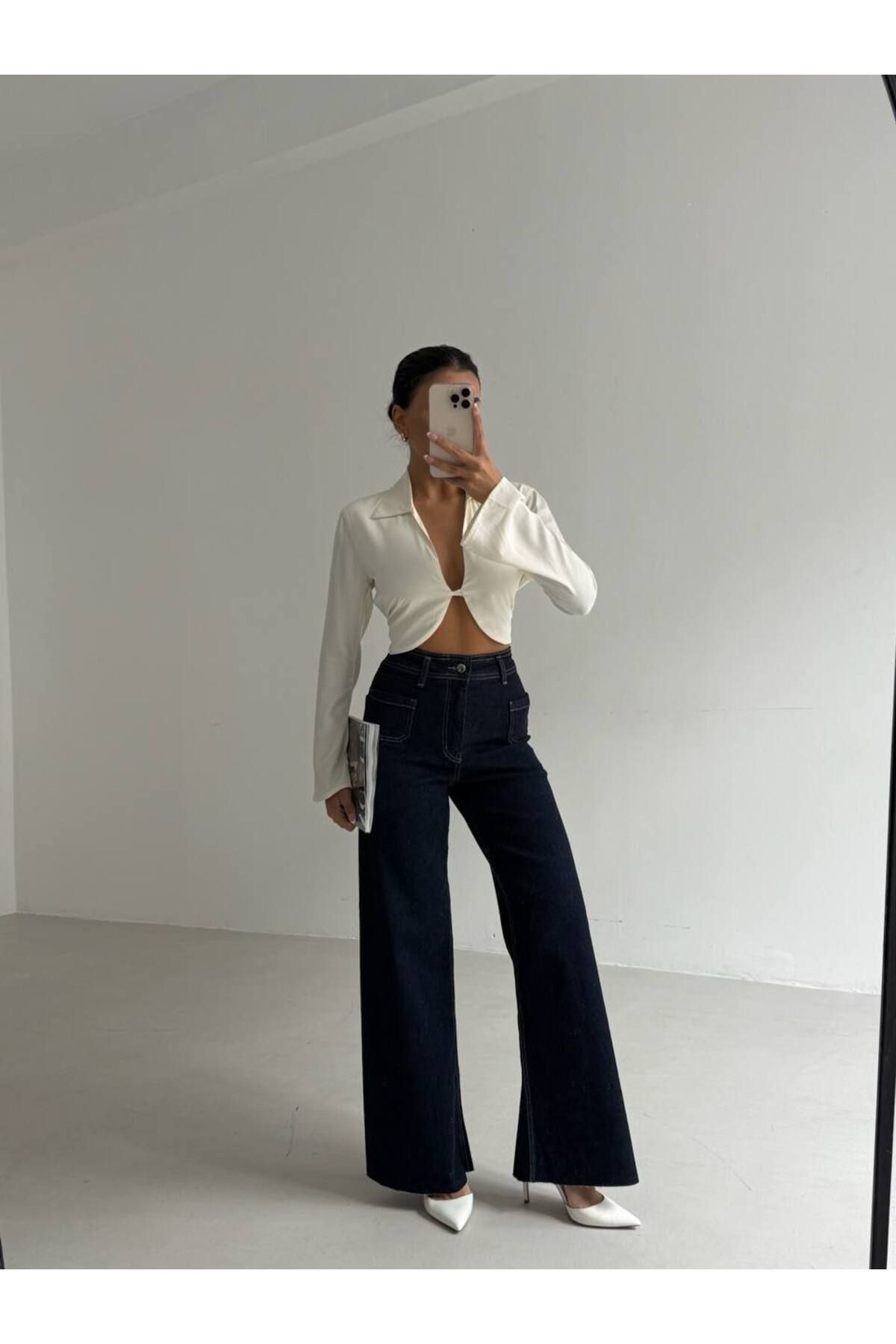 Castivo Fashion yüksek Bel Geniş Paça Lacivert Denim Kadın Pantolon