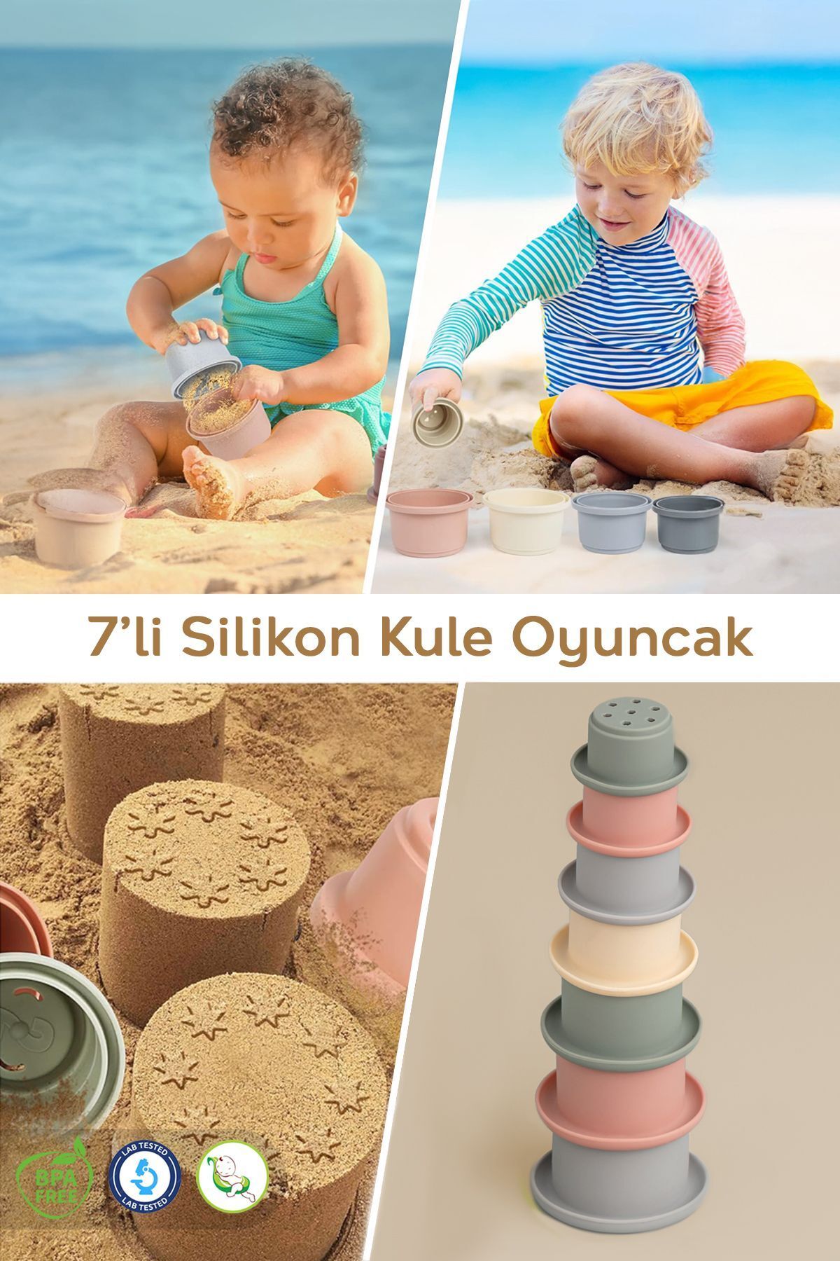 Meleni Baby 7'li Silikon Eğitici Kule Aktivite Oyuncak Seti - Çocuk Plaj Kum Oyun Kulesi - Bebek Plaj Oyuncağı
