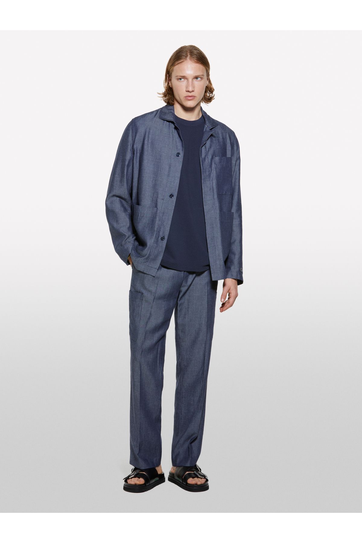 Sisley Erkek İndigo Keten Karışımlı Büzgü İpli Cepli Jogger Pantolon