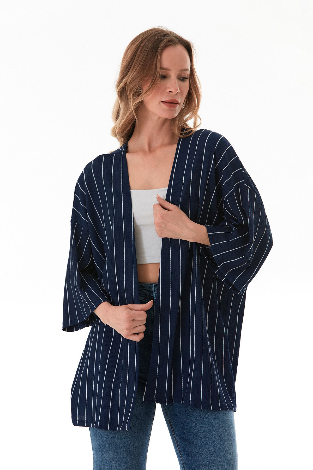 Fulla Moda Çizgili Bürümcük Kumaş Kimono
