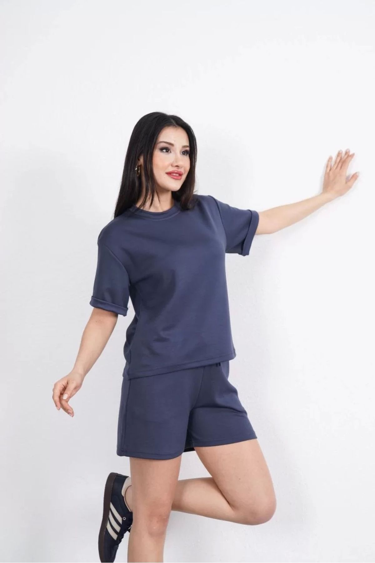 LUSHİOWEAR Osy Modal yumuşak dokulu Kumaş Kadın Bisiklet Yaka T-shirt Kısa Şort İkili Takım - Antrasit