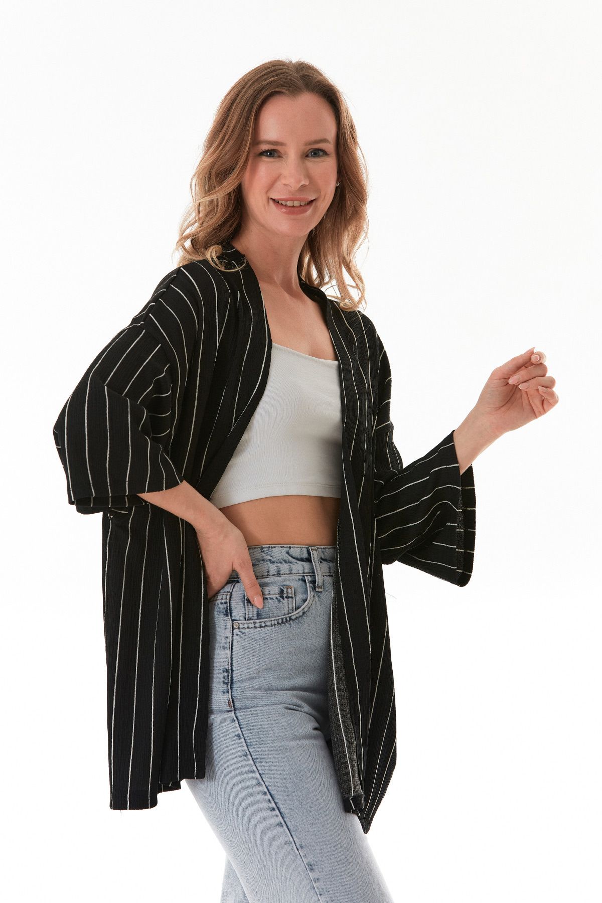 Fulla Moda Çizgili Bürümcük Kumaş Kimono