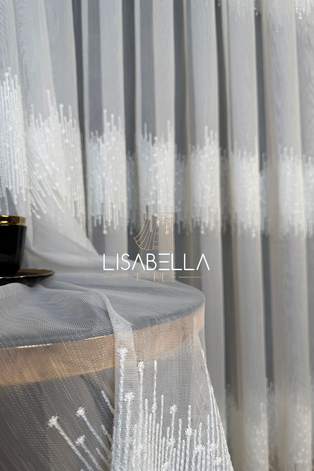 LisabellaHome Lavinia ttm Zemin Ağır brodeli yumuşak Dökümlü tül perde ütü istemez (1x2.5 Pile Dikişli)
