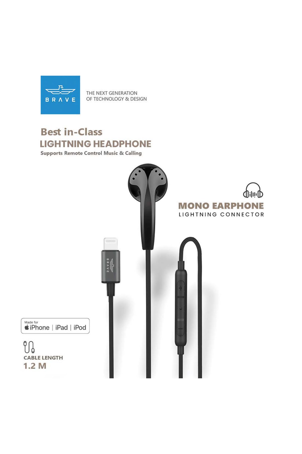 Brave-Mono Earphone Lightning Connector for iPhone, MFi Certified In-Ear Headset with Mic - Black 2