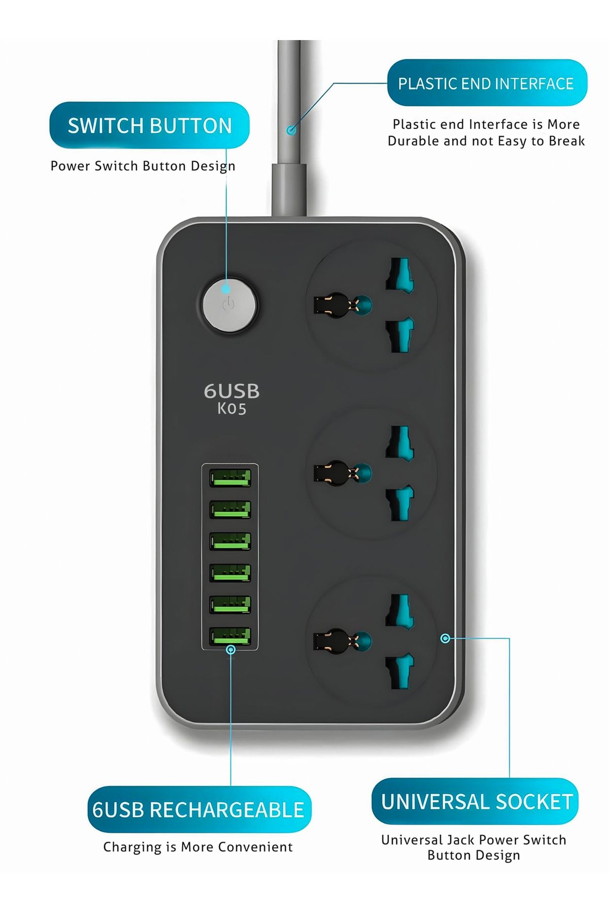 DBLEW-3 مقابس عالمية، شرائط طاقة، أسلاك تمديد، محول، 6 منافذ شحن USB، كابل بطول 2 متر 3