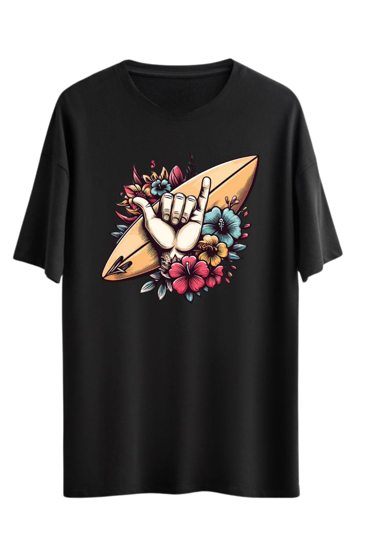 MODA SÖRF PLAJ Baskılı Bol Kesim Oversize Omuzu Düşük T-shirt Tüylenmez %100 Pamuk