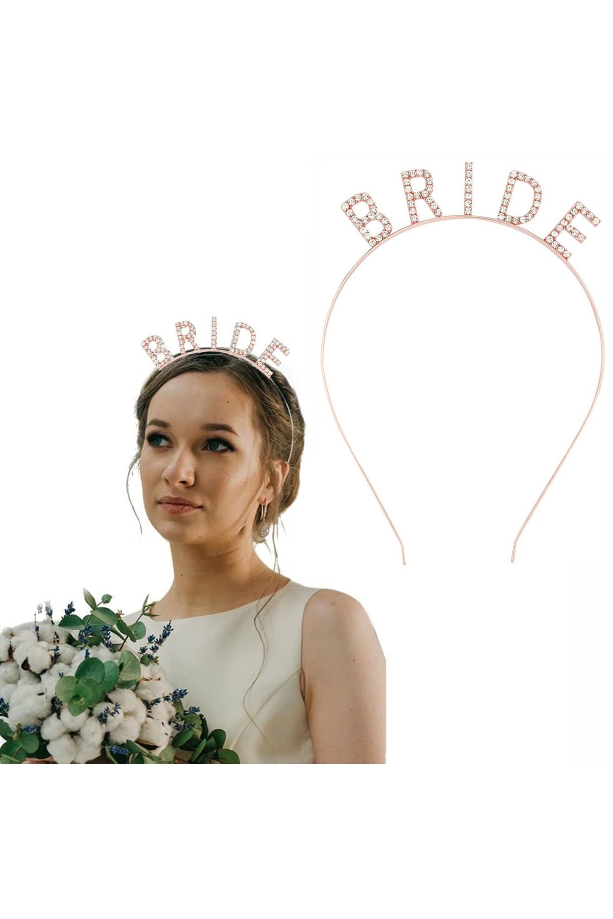 YNT İthalat Rose Gold Renk Bekarlığa Veda Kristal Taş Bride Tacı İthal 16x10 Cm