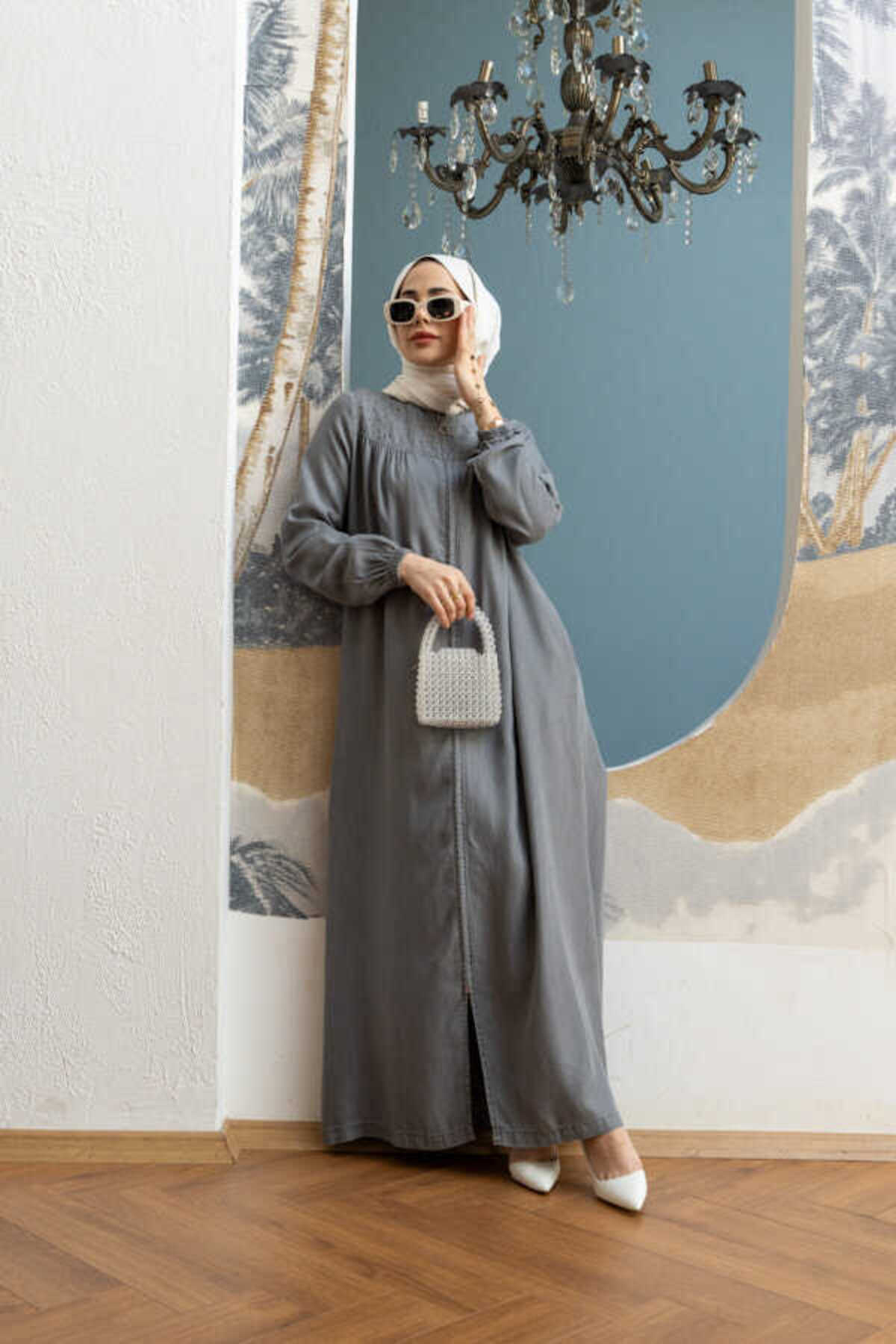 Neways 6470-Taşlı Fermuarlı Ferace Gri