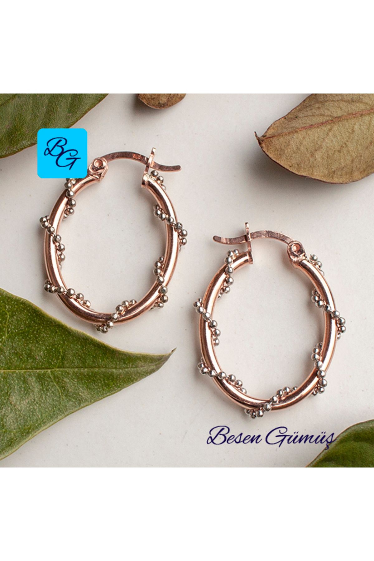 Besen Gümüş Rose Topçuklu Zincir Sarmalı Oval Halka Küpe