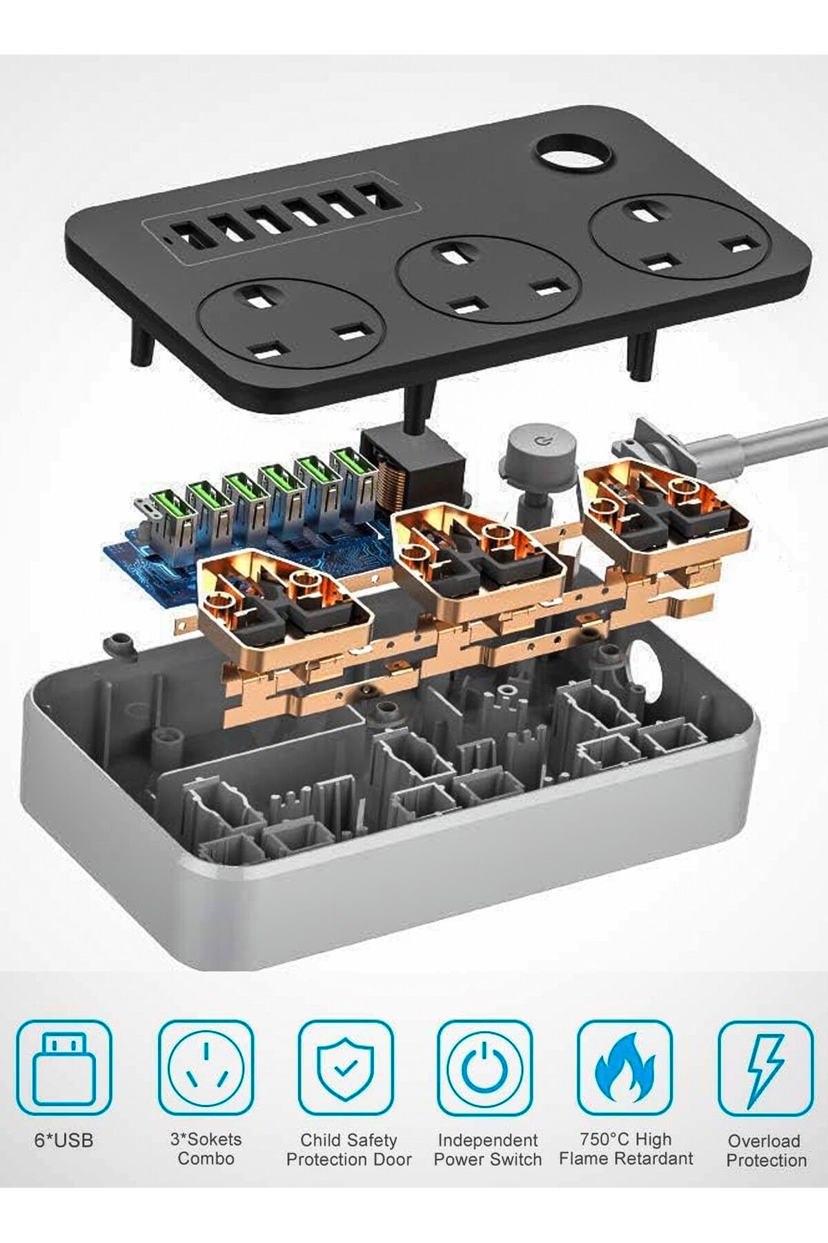 DBLEW-3 مقابس عالمية، شرائط طاقة، أسلاك تمديد، محول، 6 منافذ شحن USB، كابل بطول 2 متر 6